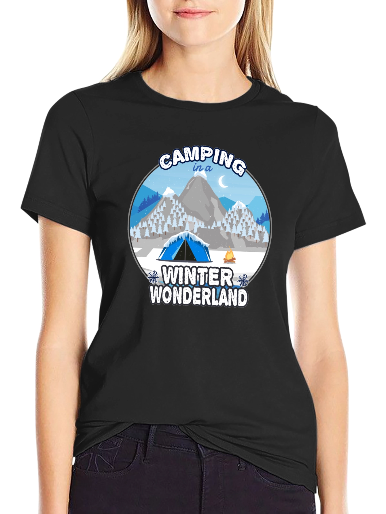 Camping in a Winter Wonderland Black T-Shirt