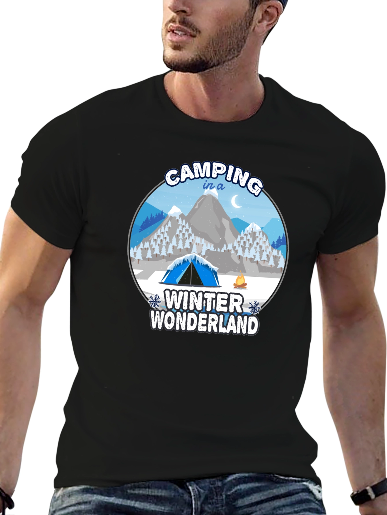 Camping in a Winter Wonderland Black T-Shirt