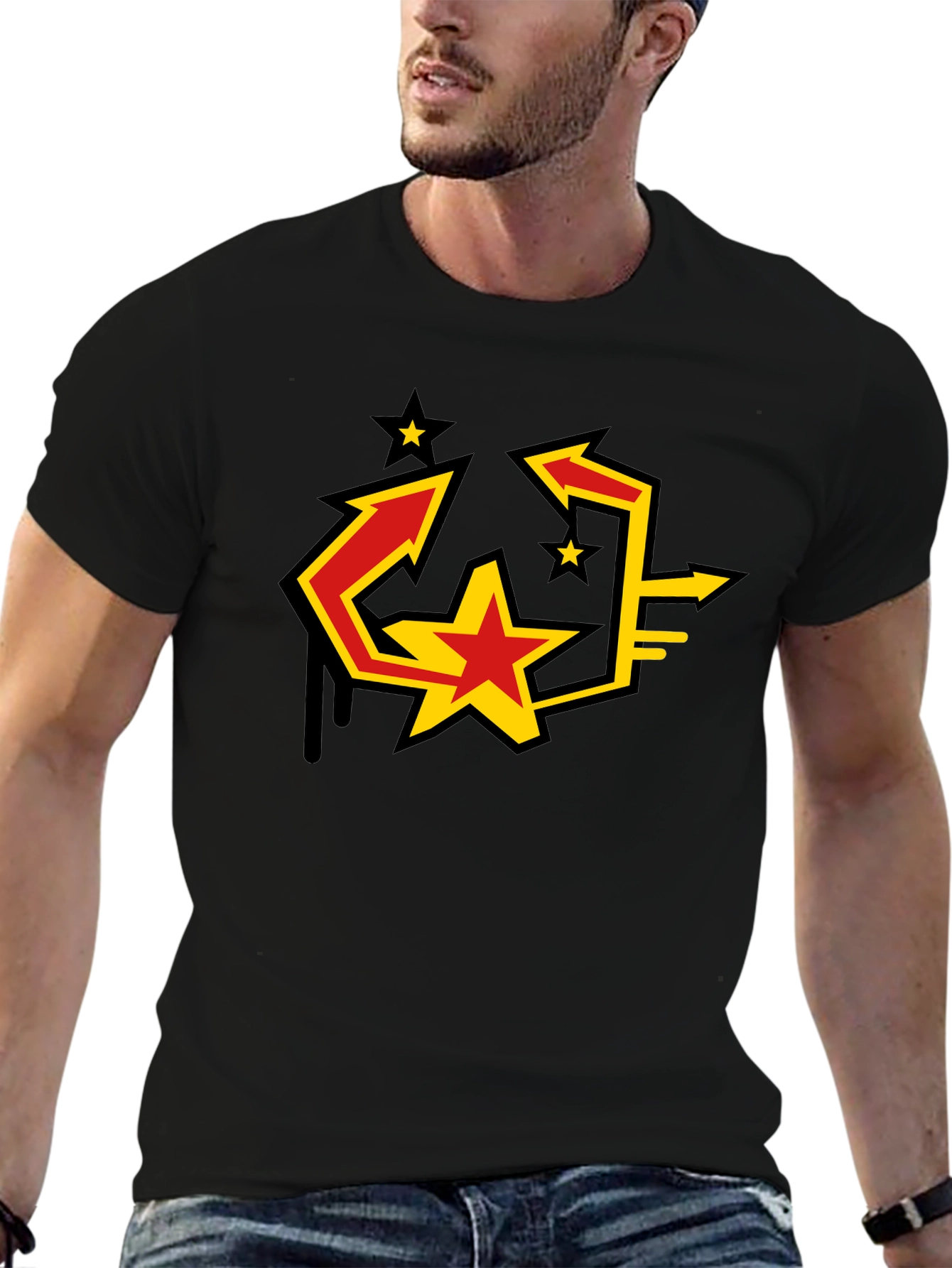 Urban Graphic Black T-Shirt with Star Arrow Design