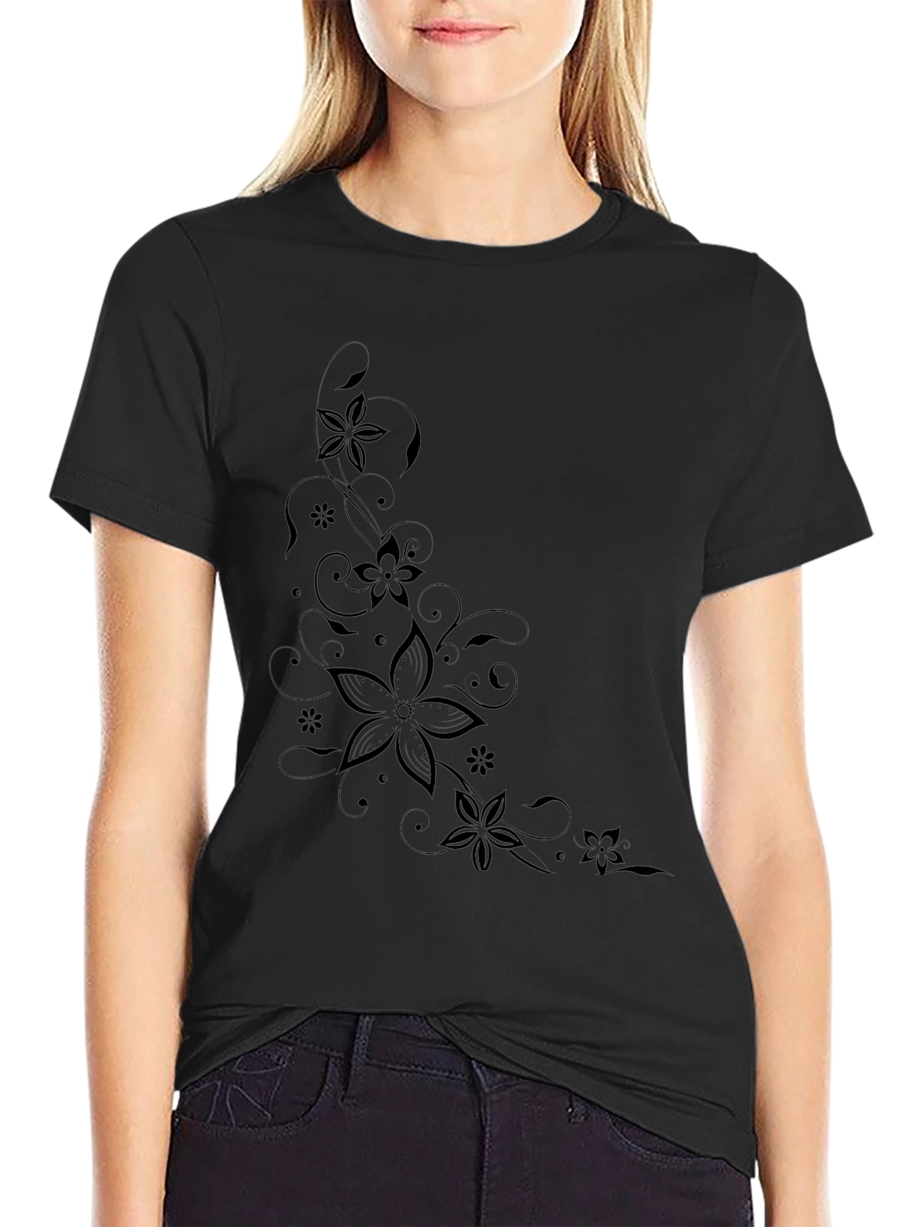 Floral Print Black T-Shirt | Modern Style