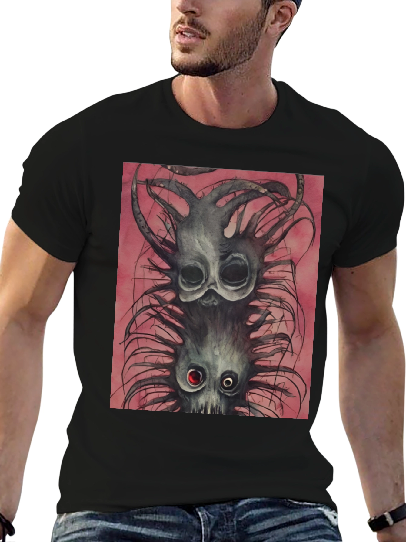 Black Tee with Spooky Creature Graphic