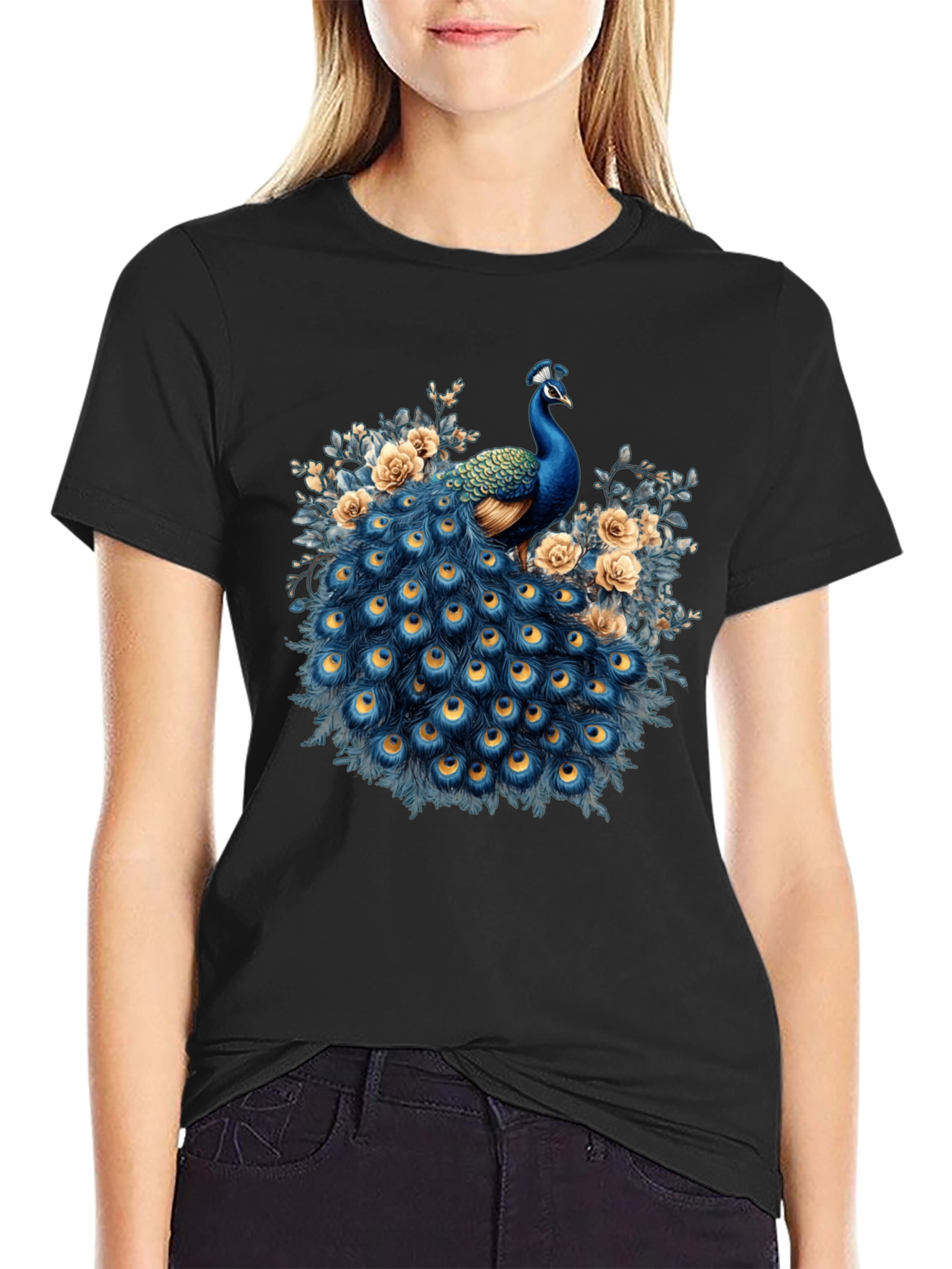 Peacock Graphic Print Black T-Shirt