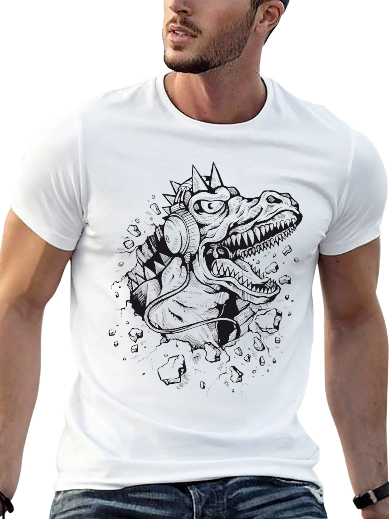 Mens Black Graphic Tee - Dinosaur Design