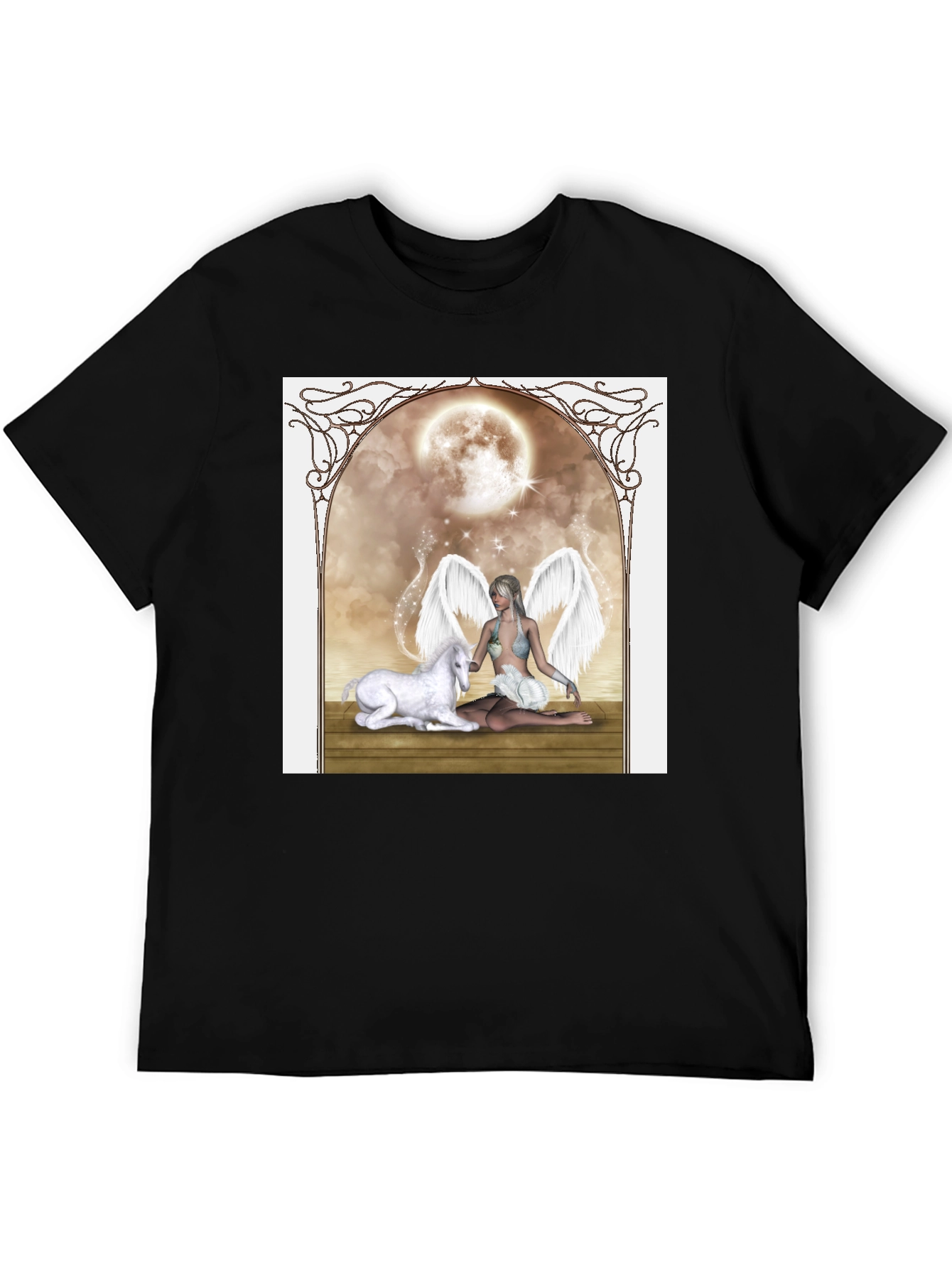 Fantasy Angel & Unicorn Black T-Shirt