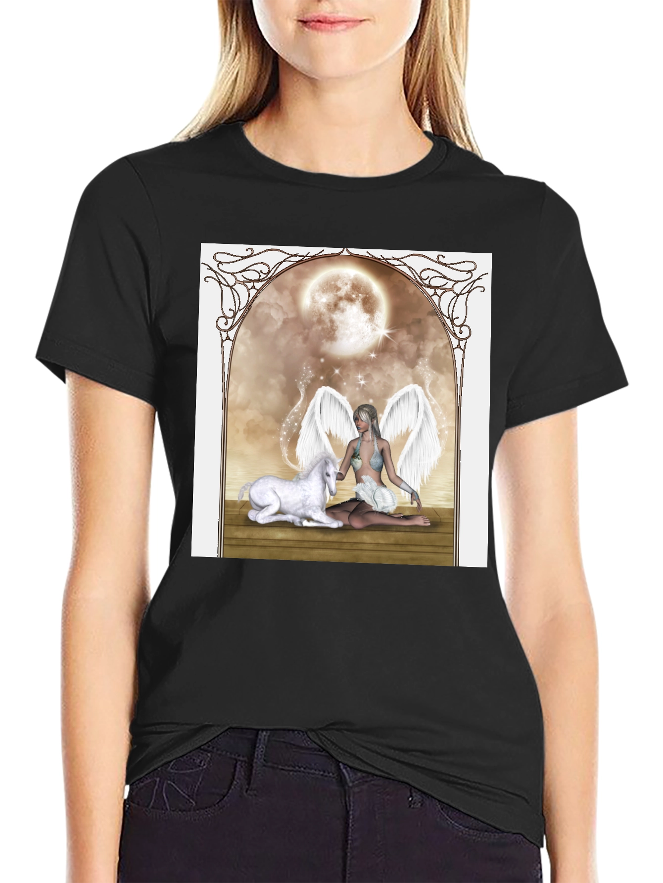 Fantasy Angel & Unicorn Black T-Shirt