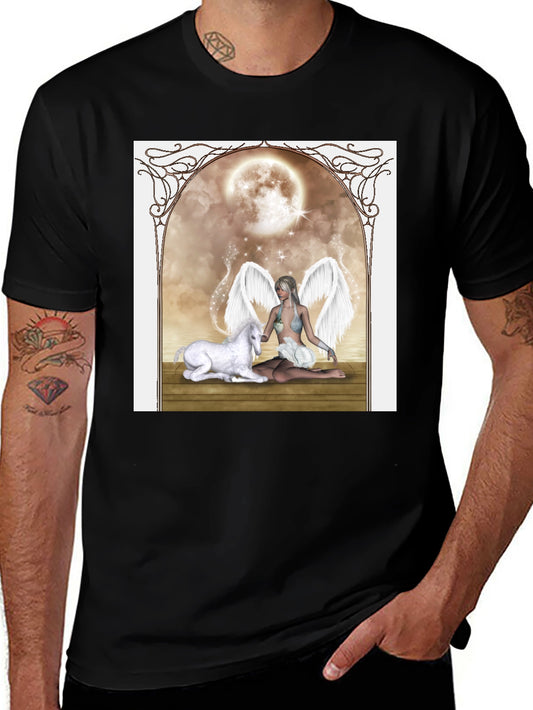Fantasy Angel & Unicorn Black T-Shirt