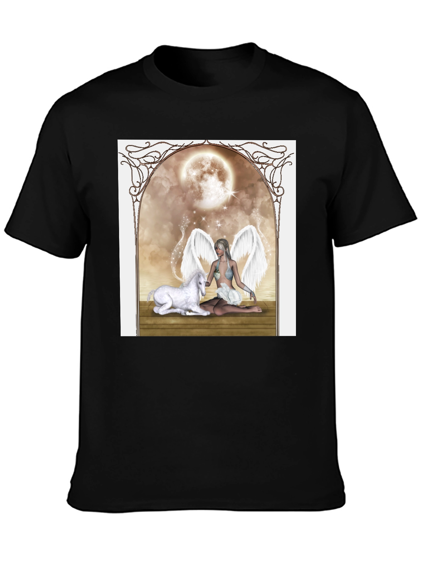 Fantasy Angel & Unicorn Black T-Shirt