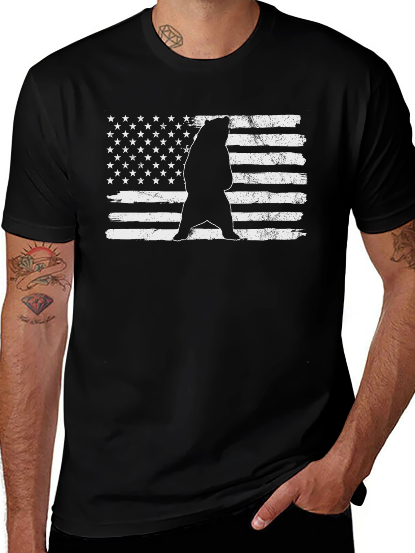 Bear US Flag Mens T-Shirt - Black