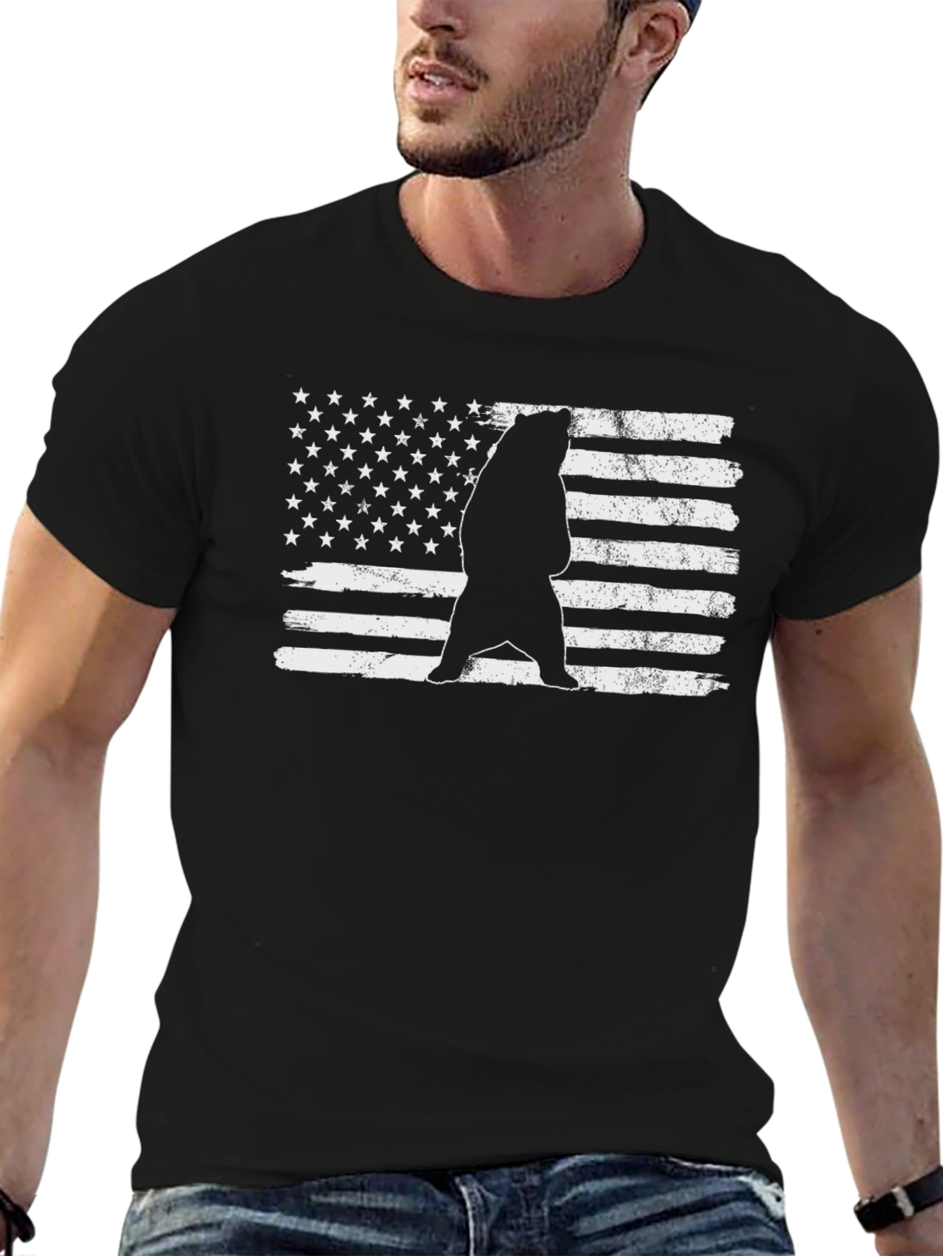 Bear US Flag Mens T-Shirt - Black