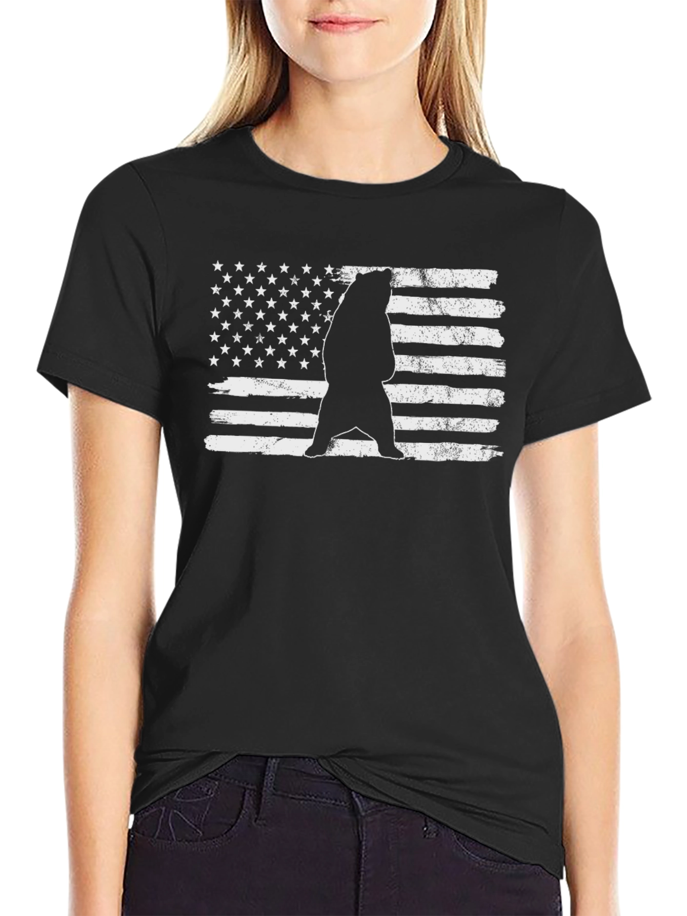 Bear US Flag Mens T-Shirt - Black