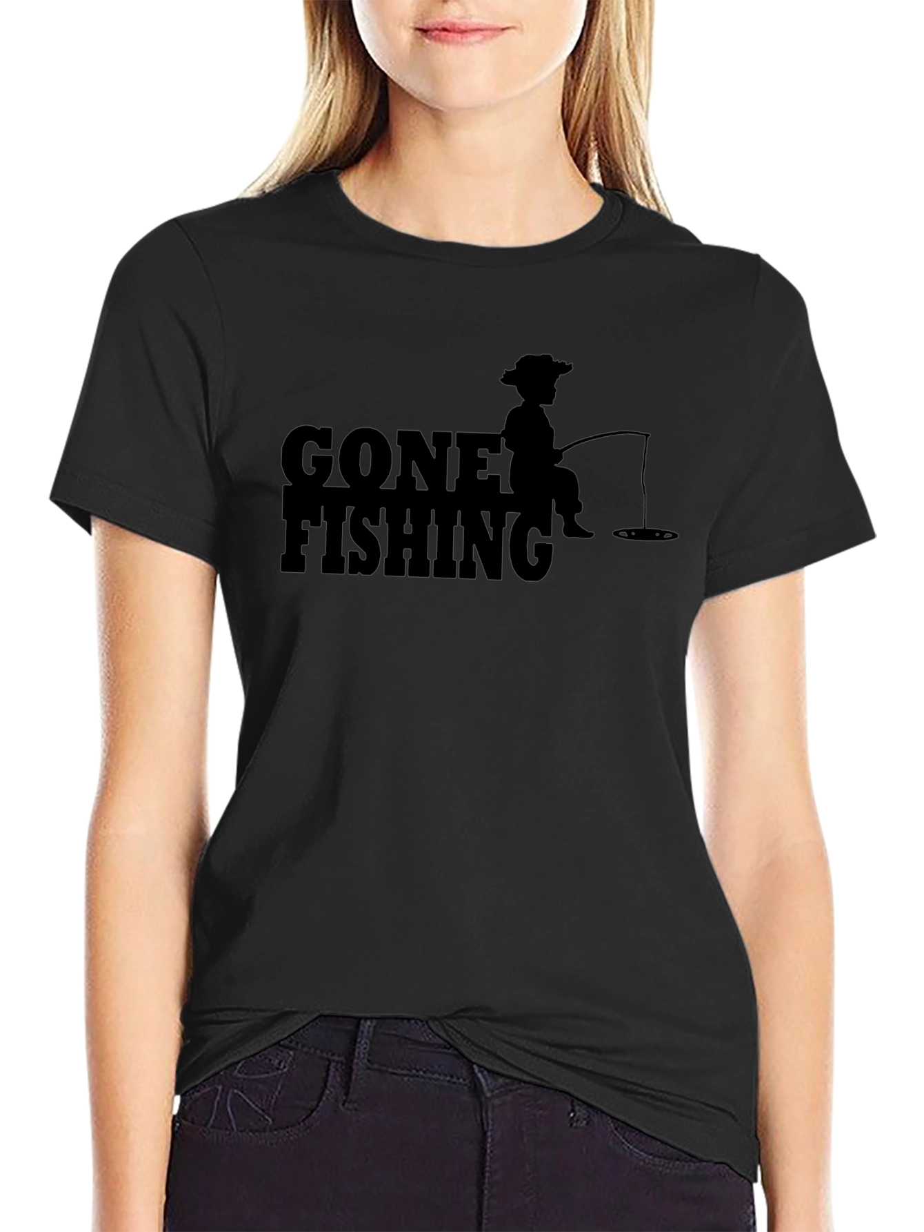 Gone Fishing Graphic T-Shirt - Solid Black Casual Tee
