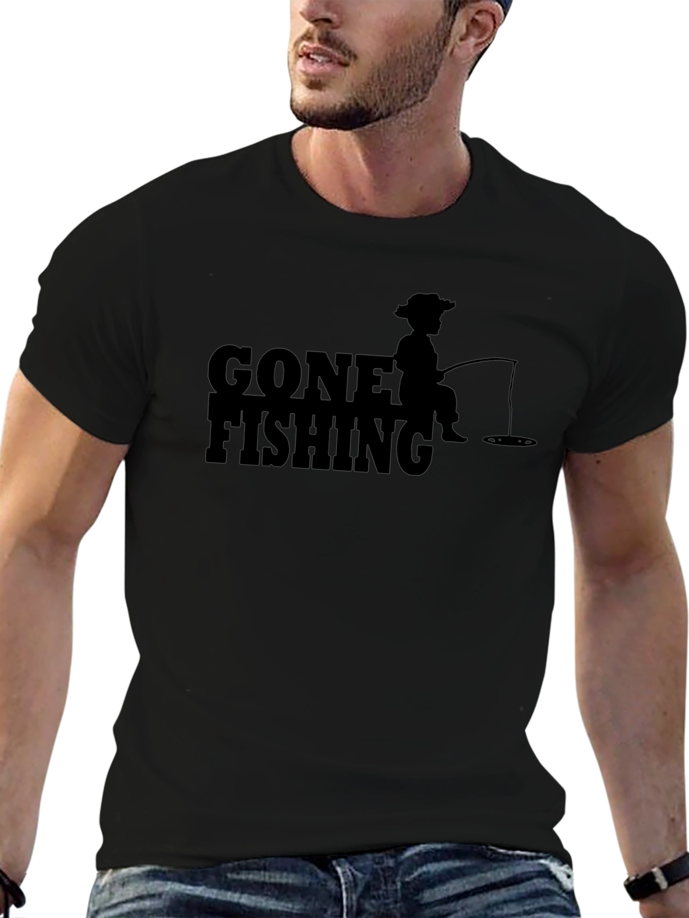Gone Fishing Graphic T-Shirt - Solid Black Casual Tee