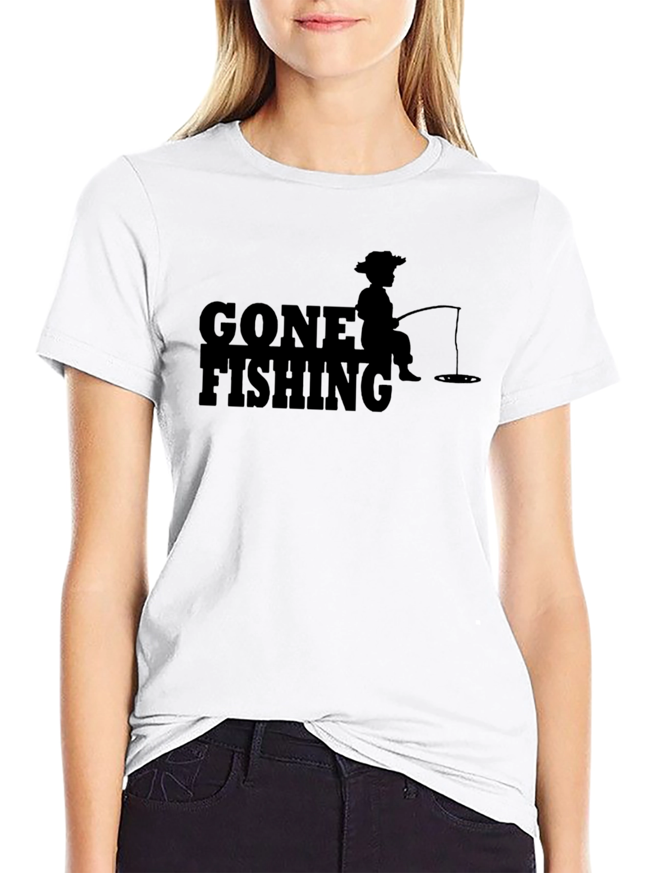 Gone Fishing Graphic T-Shirt - Solid Black Casual Tee