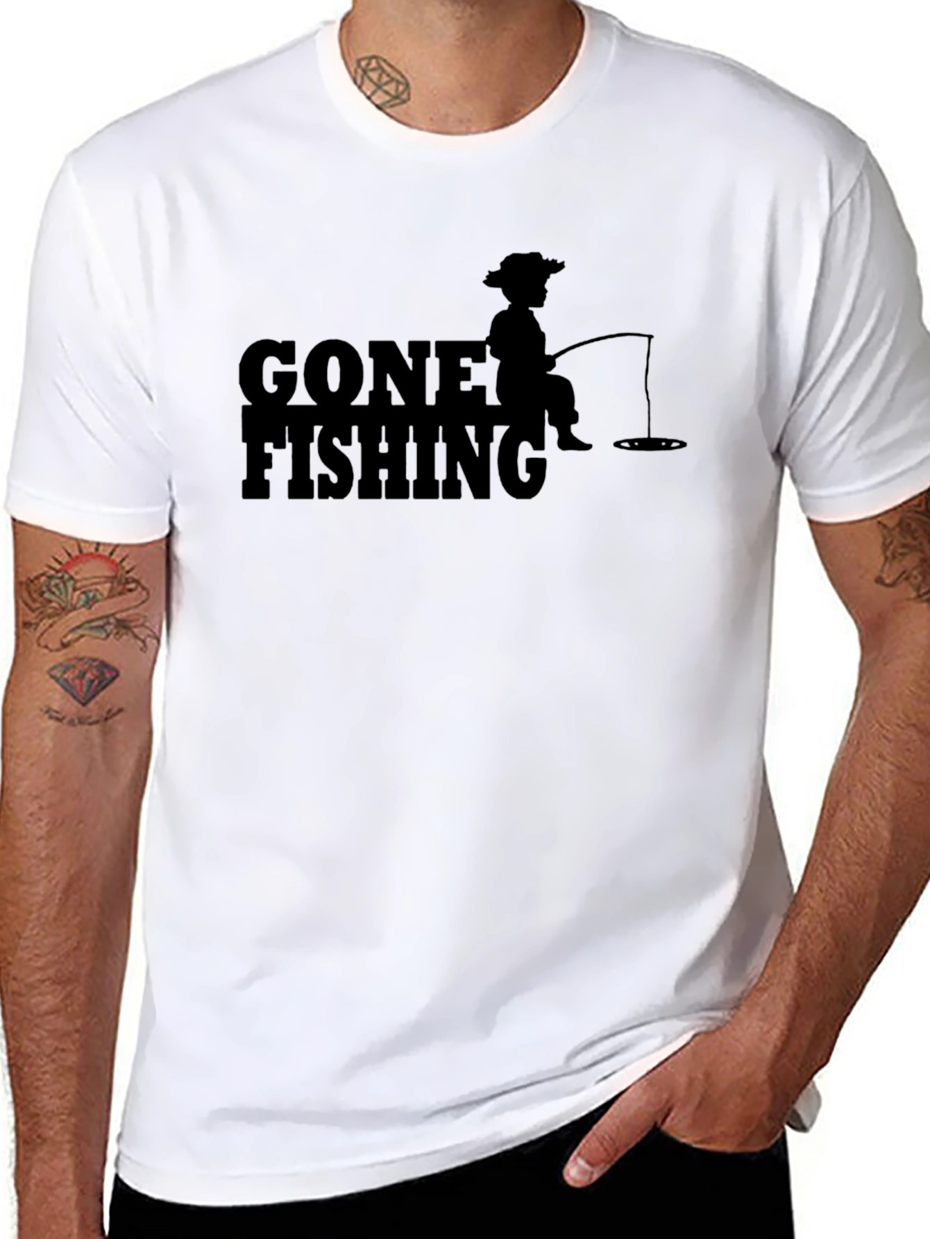 Gone Fishing Graphic T-Shirt - Solid Black Casual Tee