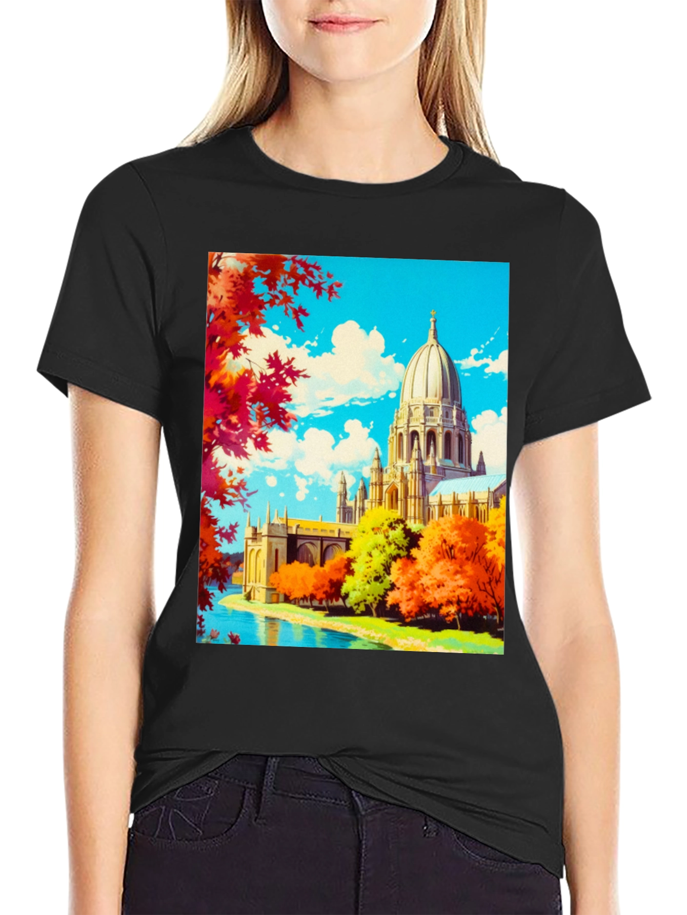 Anime Landscape Graphic Tee - Black Cotton Blend Shirt