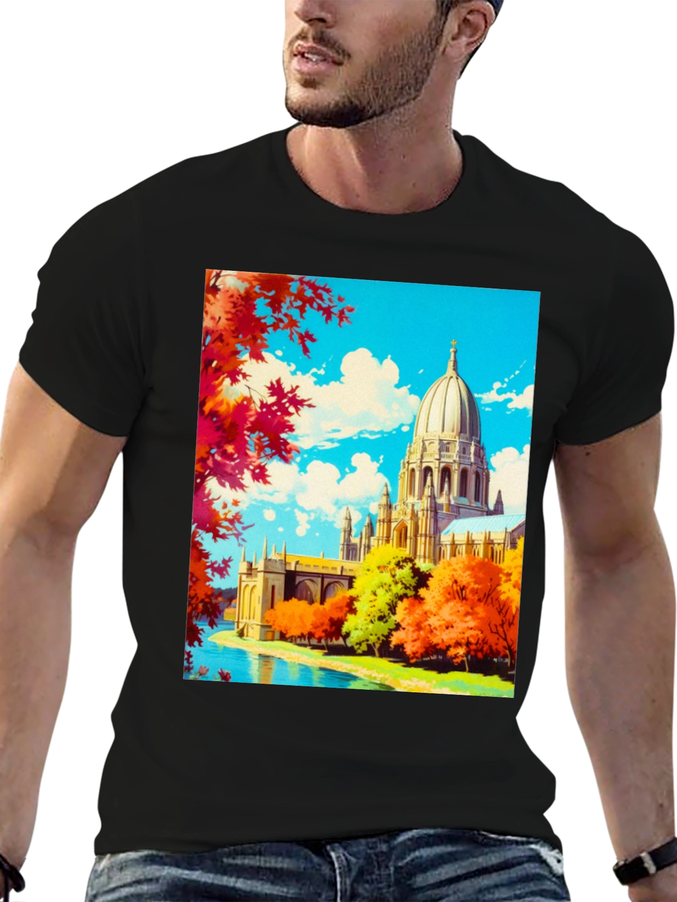 Anime Landscape Graphic Tee - Black Cotton Blend Shirt