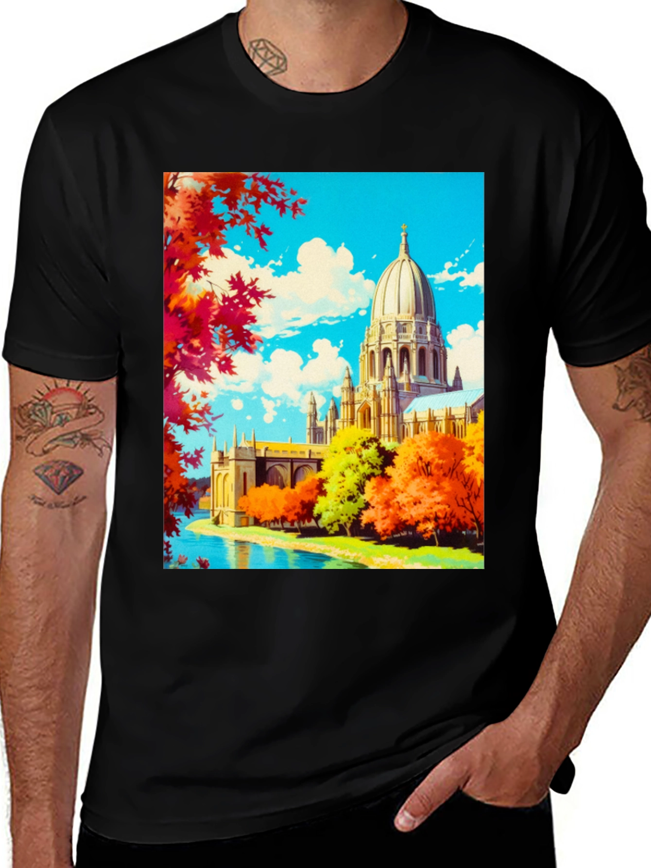 Anime Landscape Graphic Tee - Black Cotton Blend Shirt