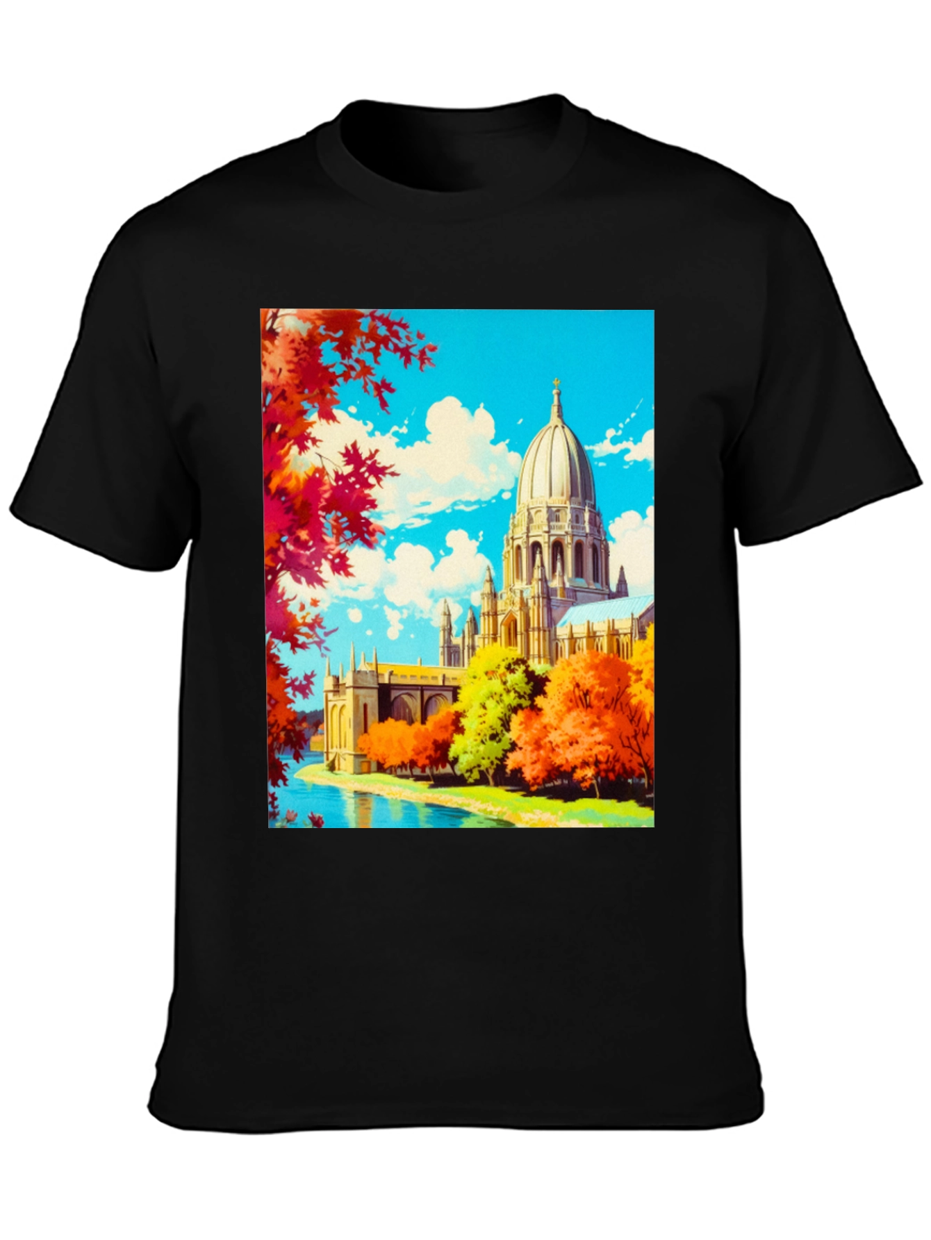 Anime Landscape Graphic Tee - Black Cotton Blend Shirt