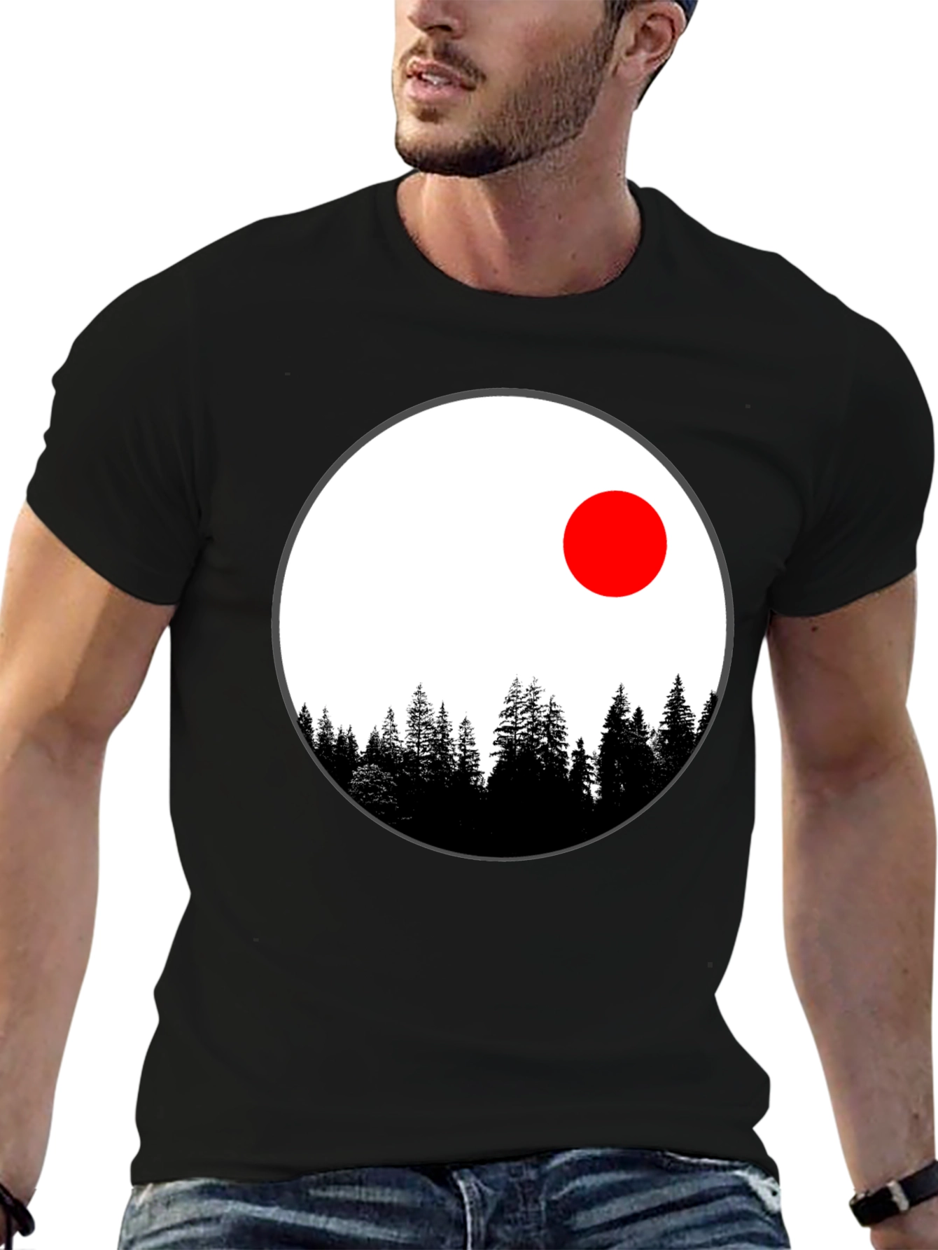 Nature Circle T-Shirt - Trees and Red Sun Design