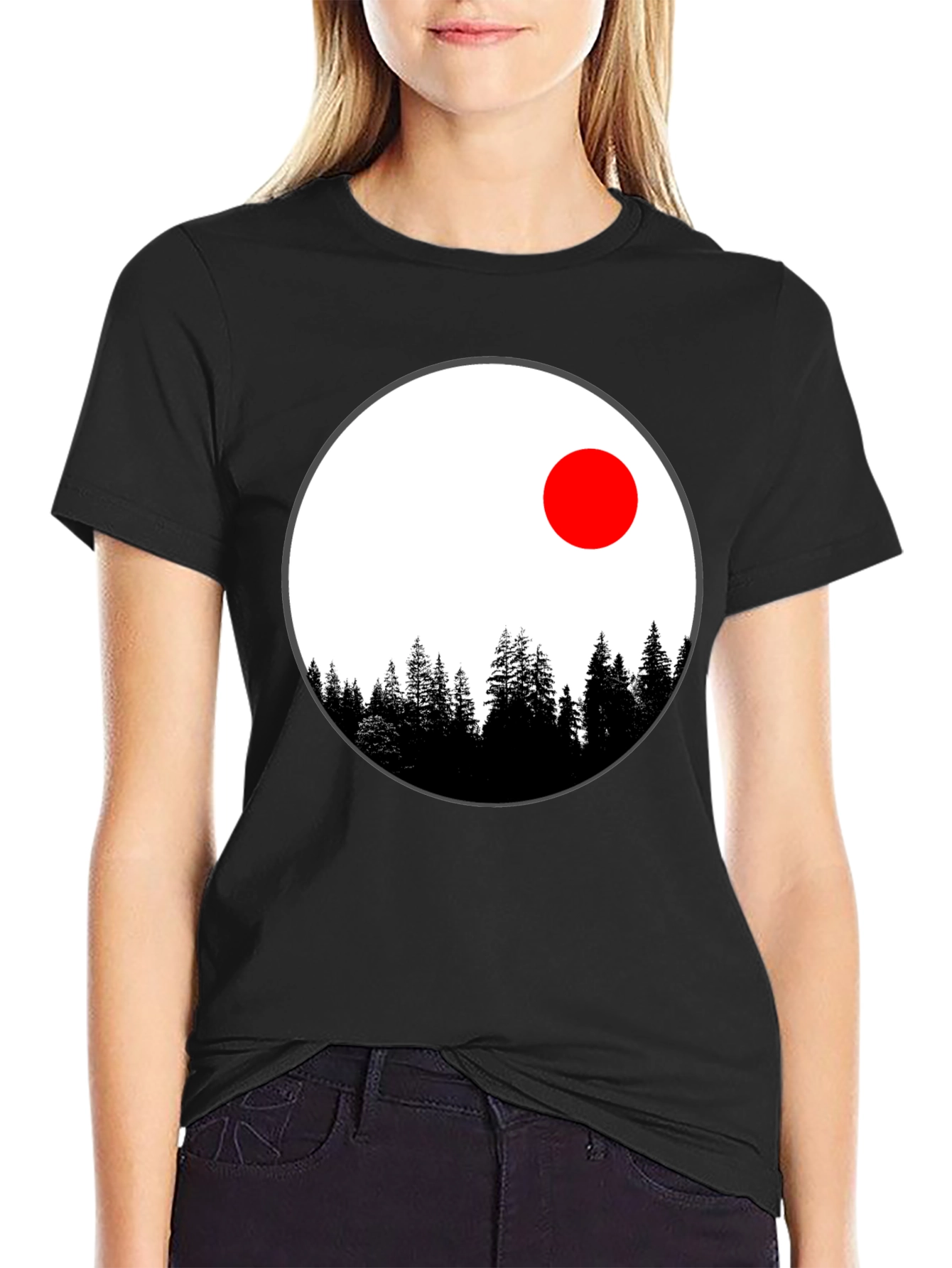Nature Circle T-Shirt - Trees and Red Sun Design