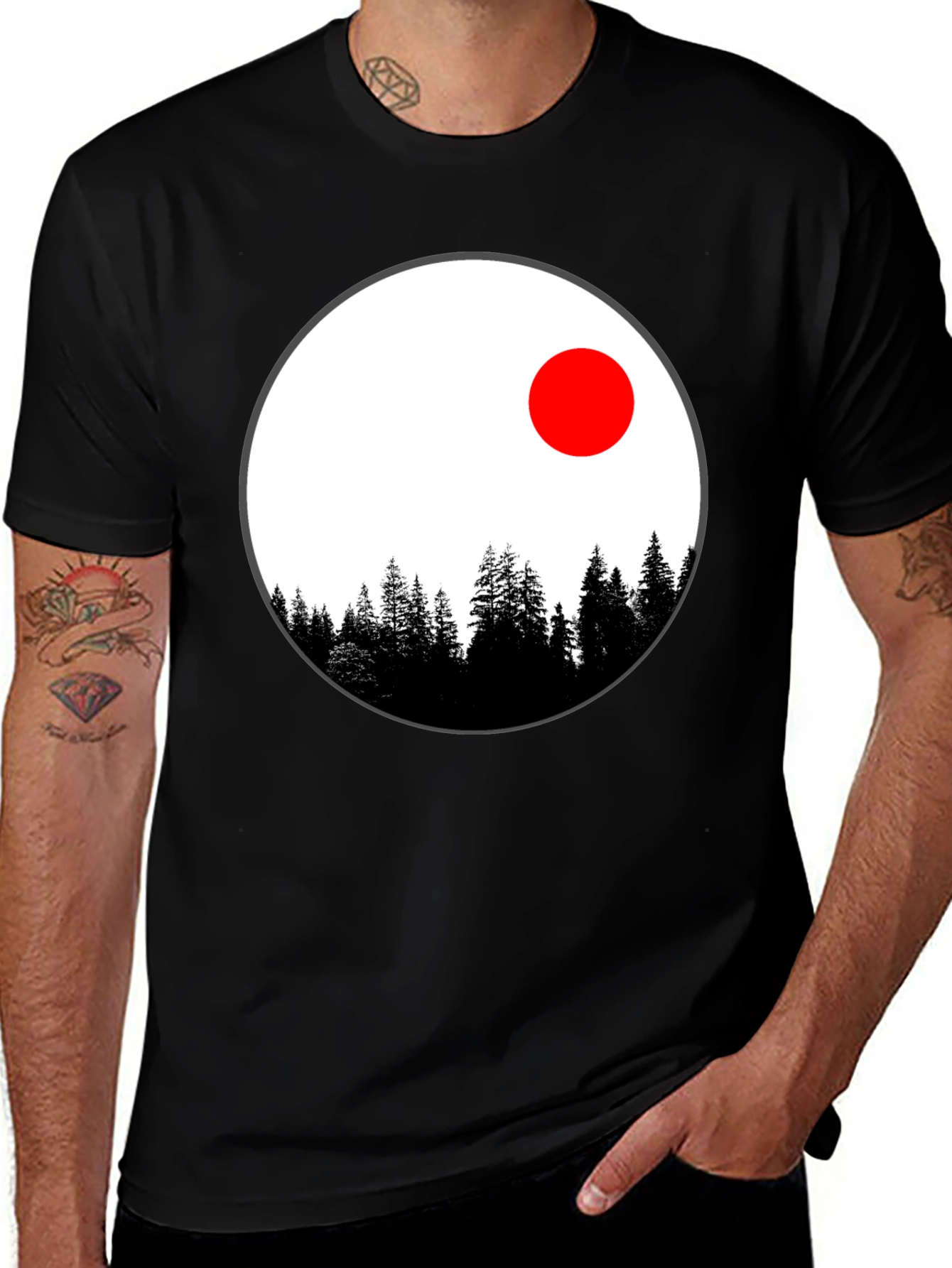 Nature Circle T-Shirt - Trees and Red Sun Design