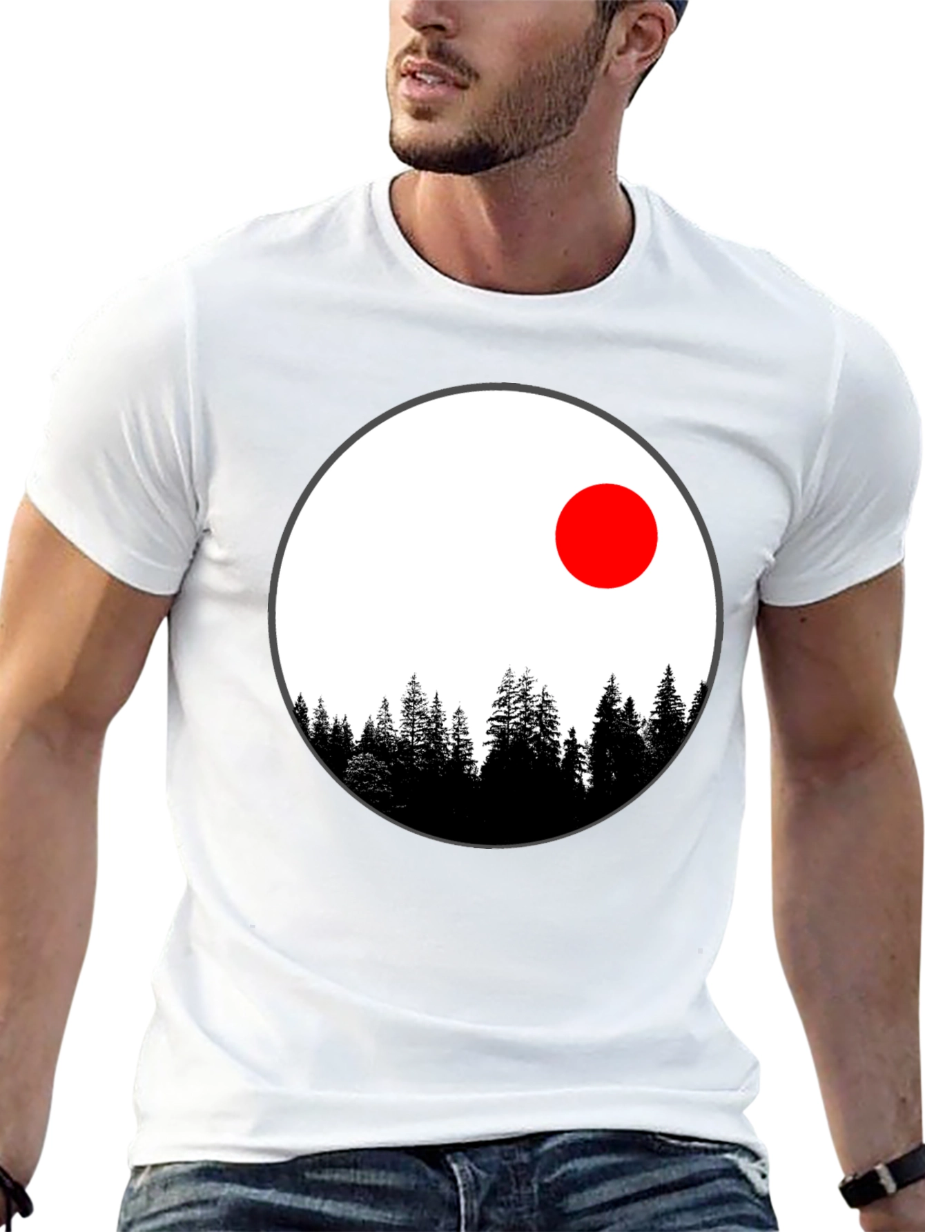 Nature Circle T-Shirt - Trees and Red Sun Design