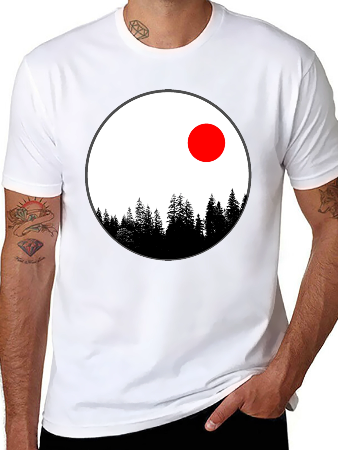 Nature Circle T-Shirt - Trees and Red Sun Design