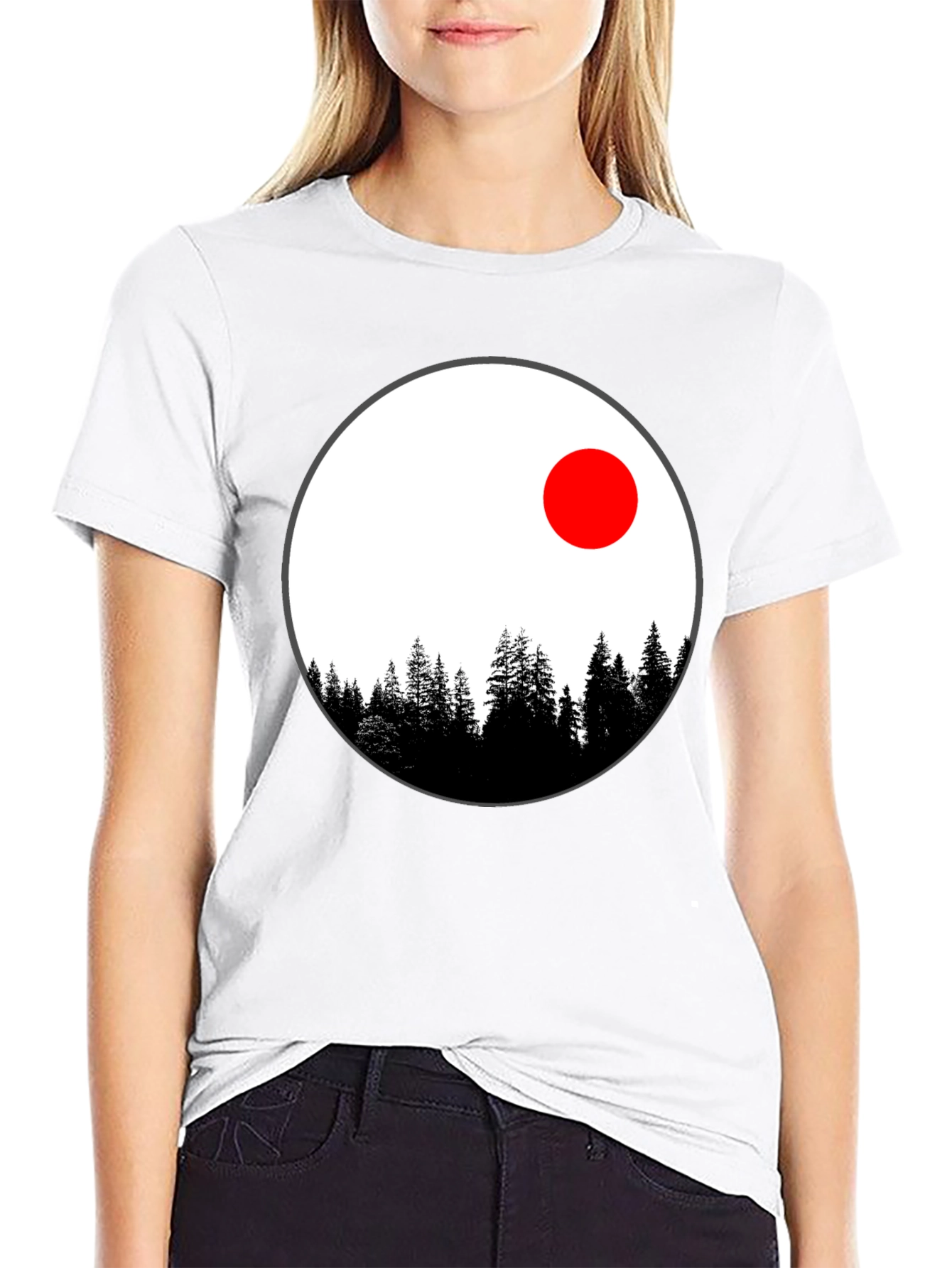 Nature Circle T-Shirt - Trees and Red Sun Design