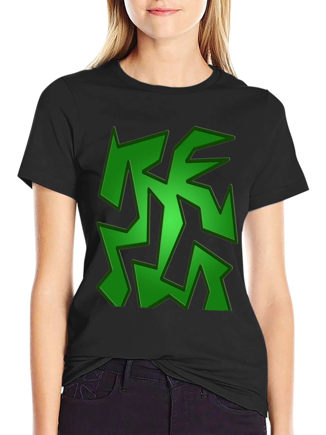 Green Abstract Design Black T-Shirt