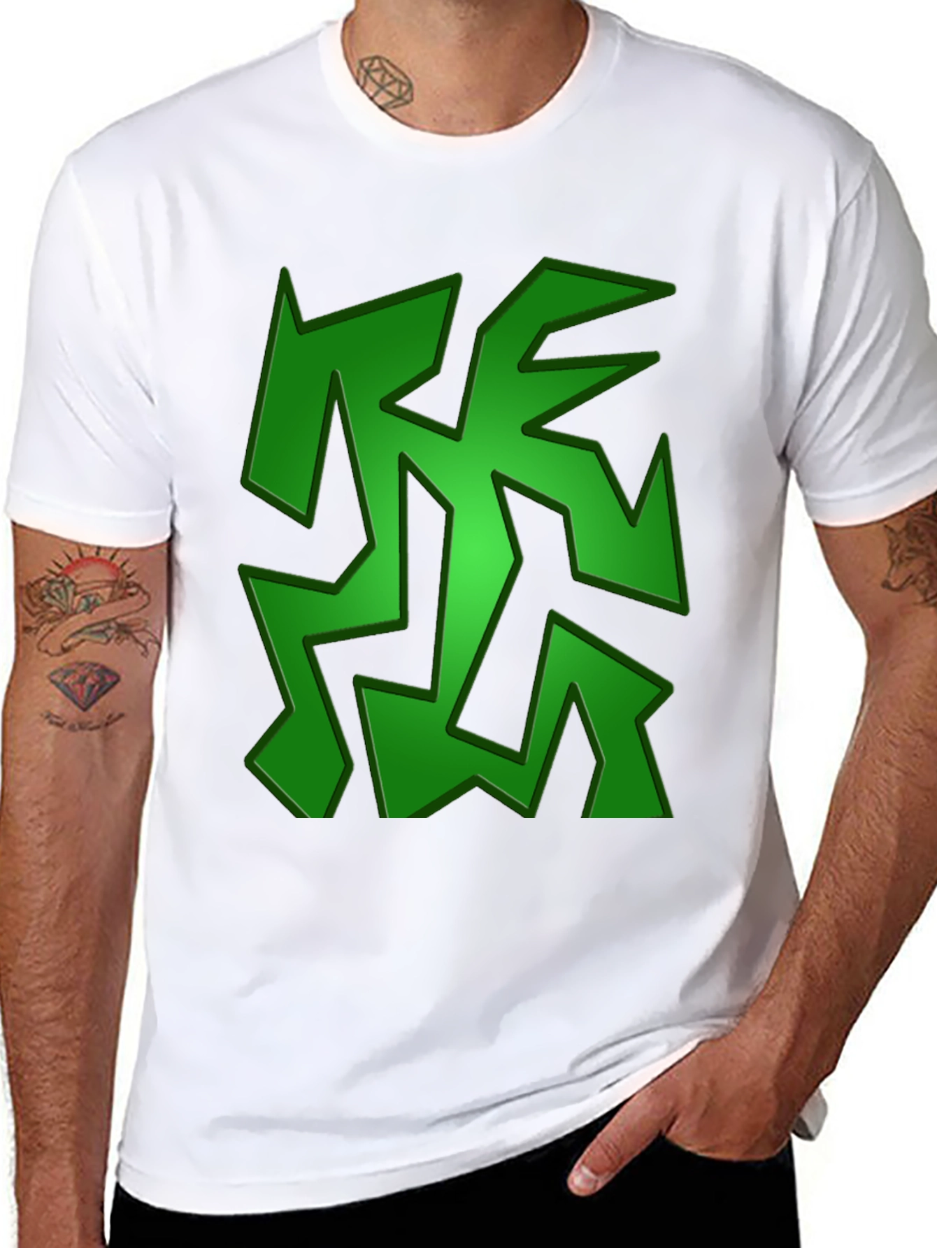 Green Abstract Design Black T-Shirt