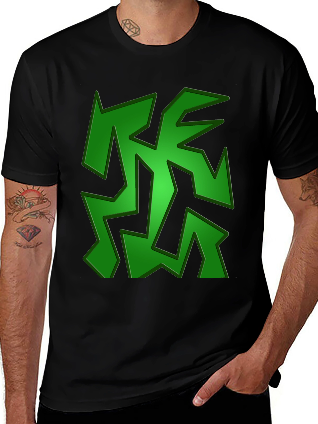 Green Abstract Design Black T-Shirt