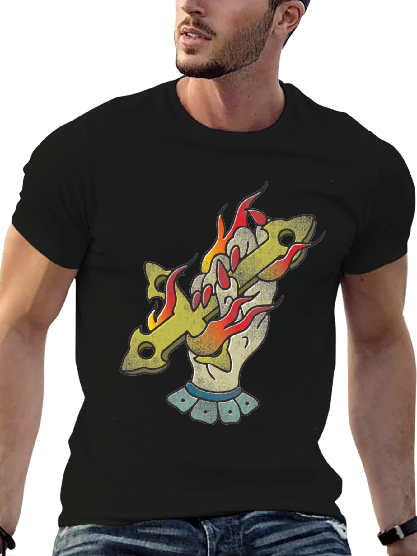Flaming Cross Graphic T-Shirt - Classic Black Tee