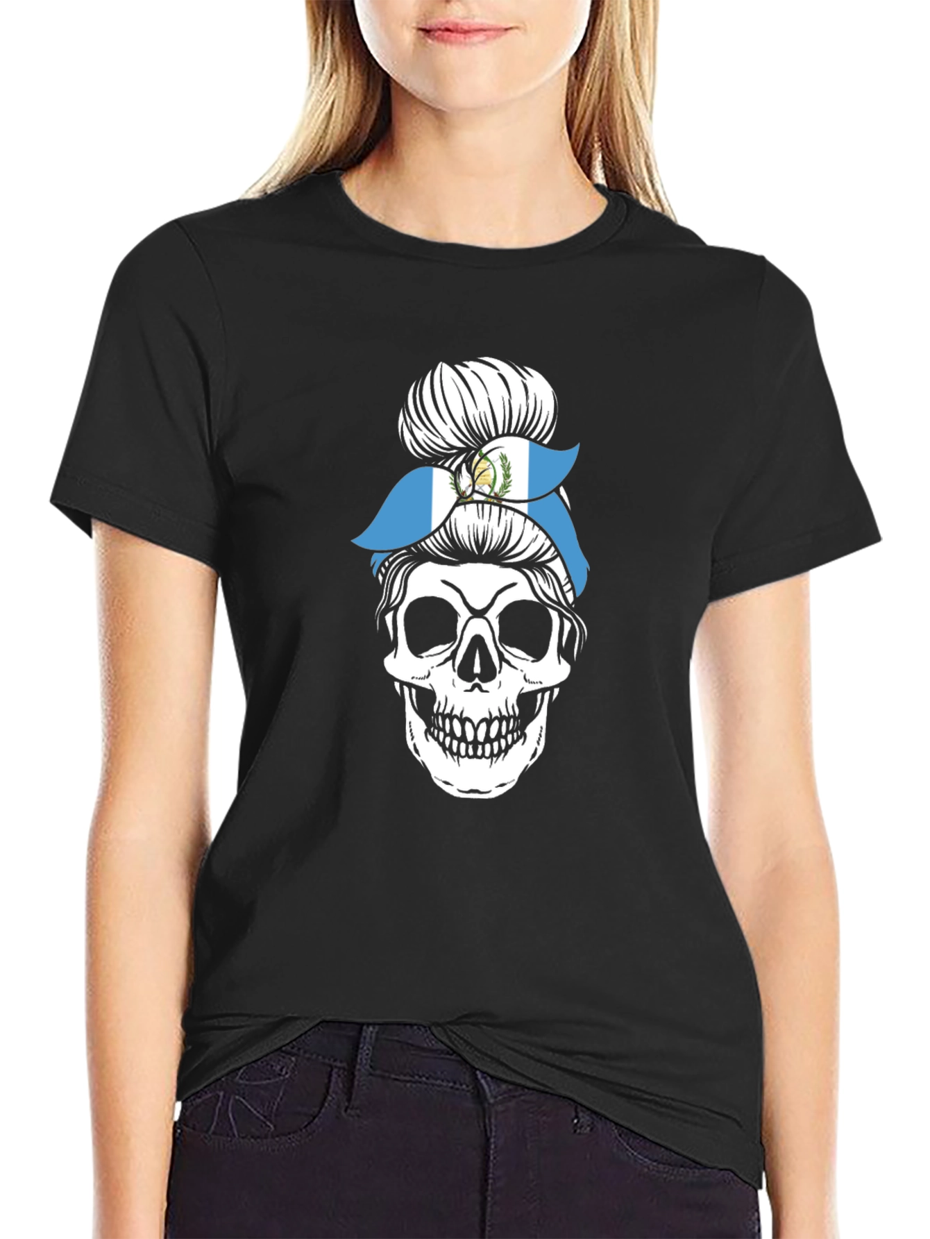 Skull Messy Bun Guatemala Flag T-Shirt