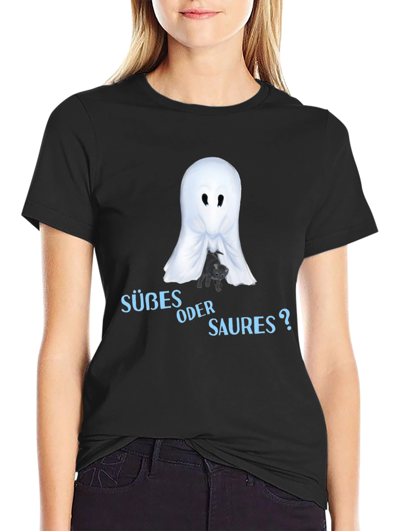 Halloween Ghost & Cat T-Shirt - Süßes oder Saures?