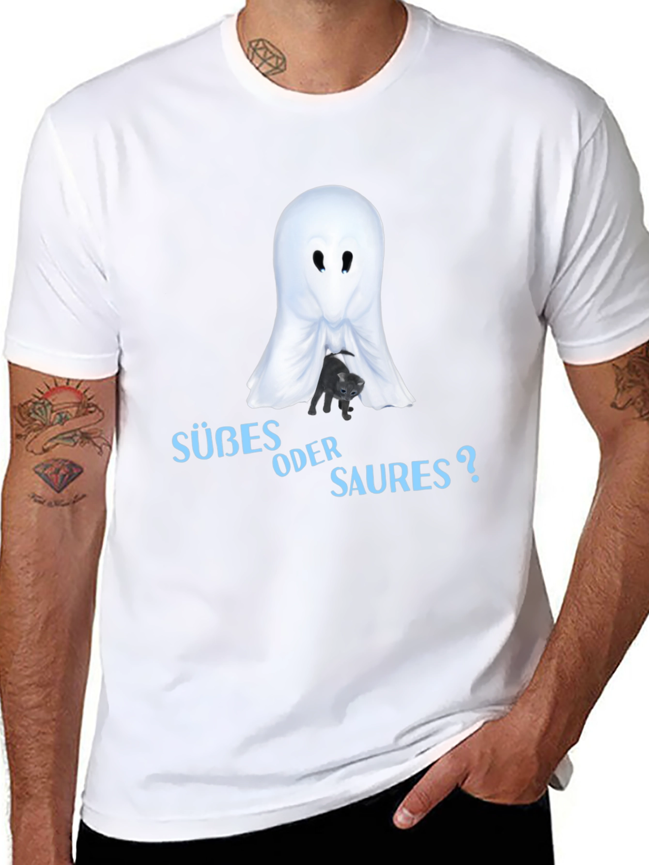 Halloween Ghost & Cat T-Shirt - Süßes oder Saures?