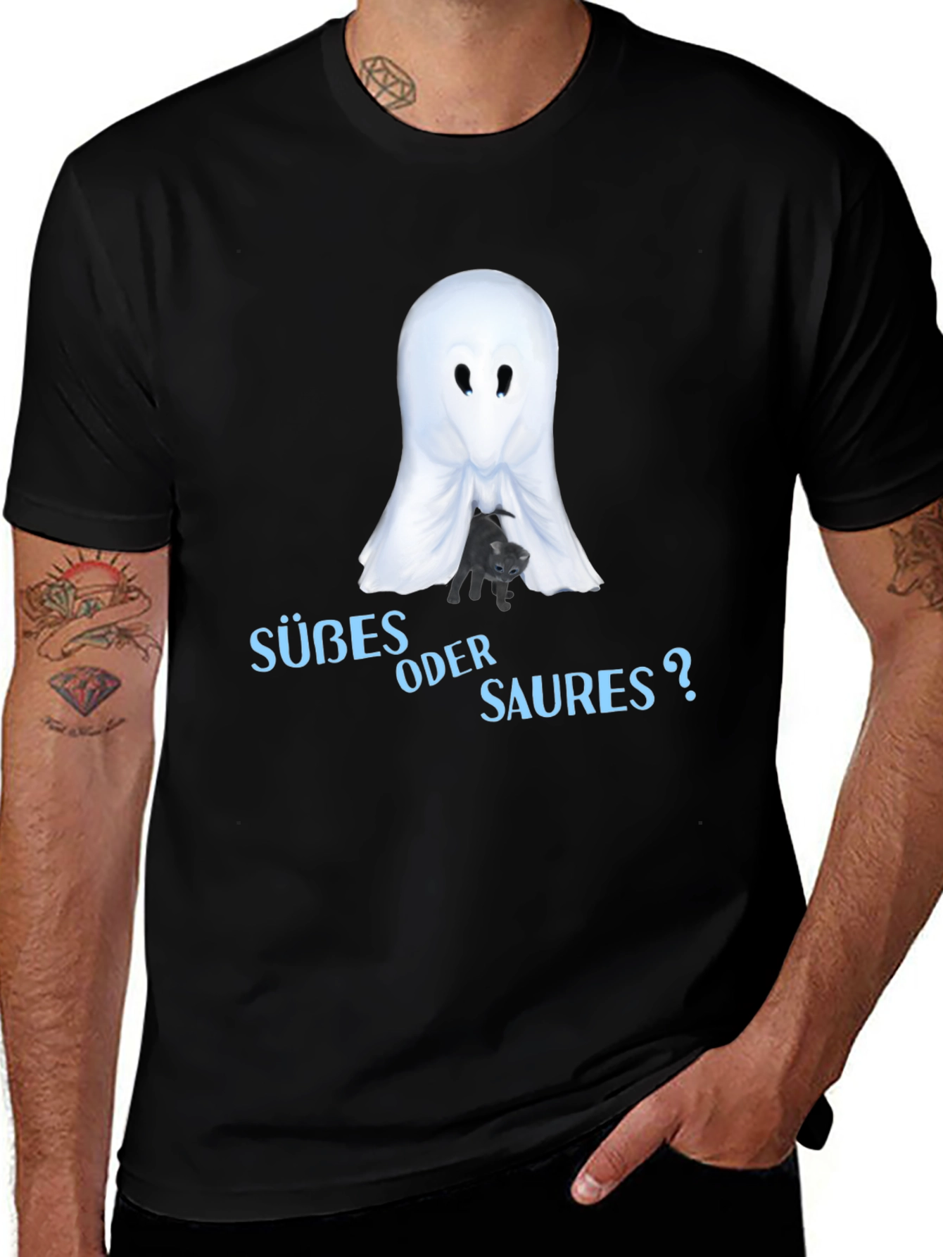 Halloween Ghost & Cat T-Shirt - Süßes oder Saures?