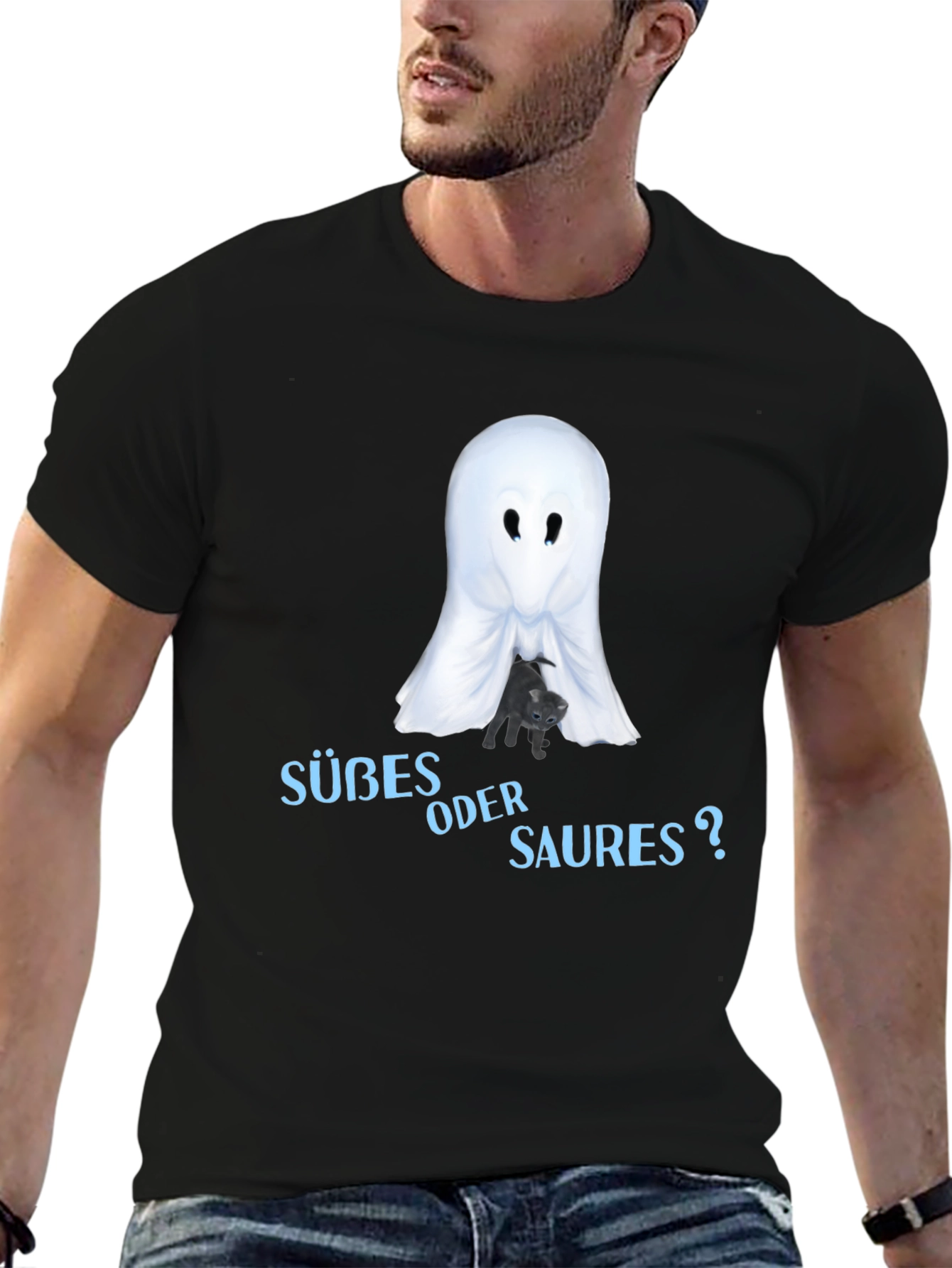 Halloween Ghost & Cat T-Shirt - Süßes oder Saures?