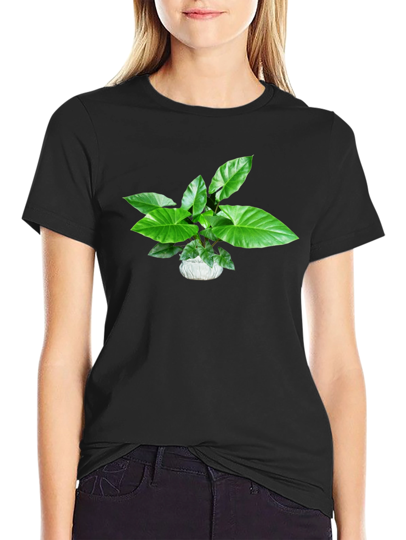 Green Plant Graphic Black T-Shirt