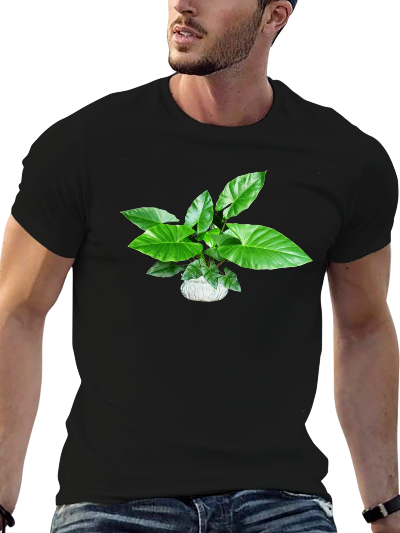 Green Plant Graphic Black T-Shirt