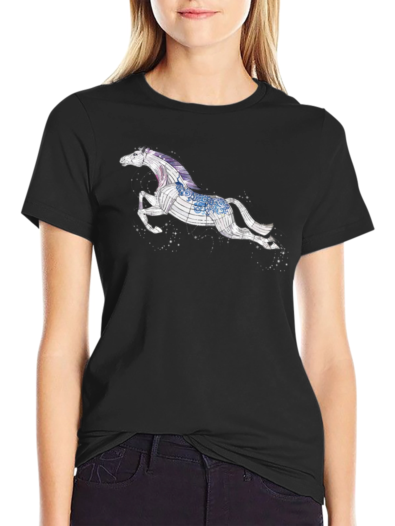 Celestial Horse Graphic Tee - Black Cotton