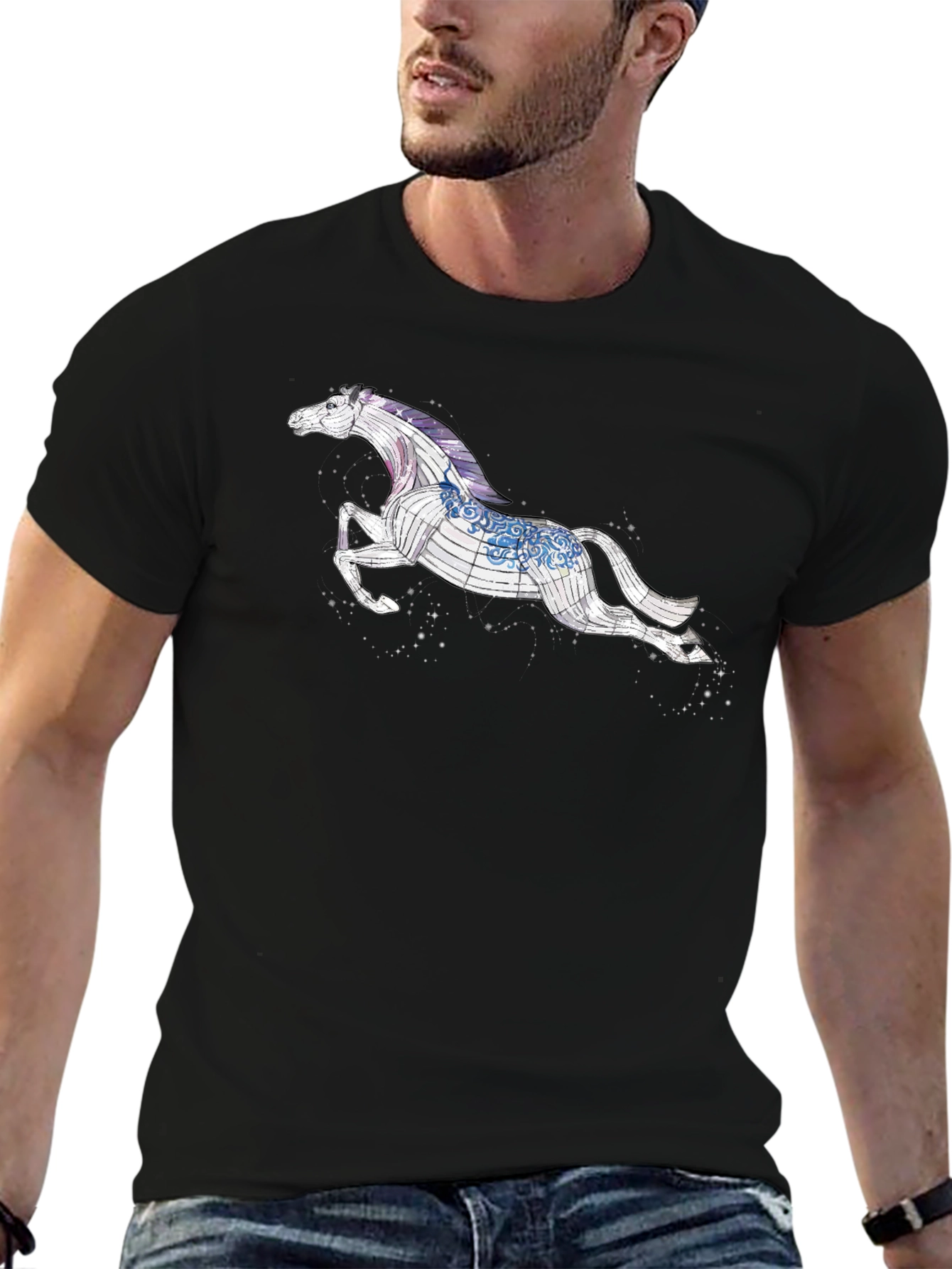 Celestial Horse Graphic Tee - Black Cotton