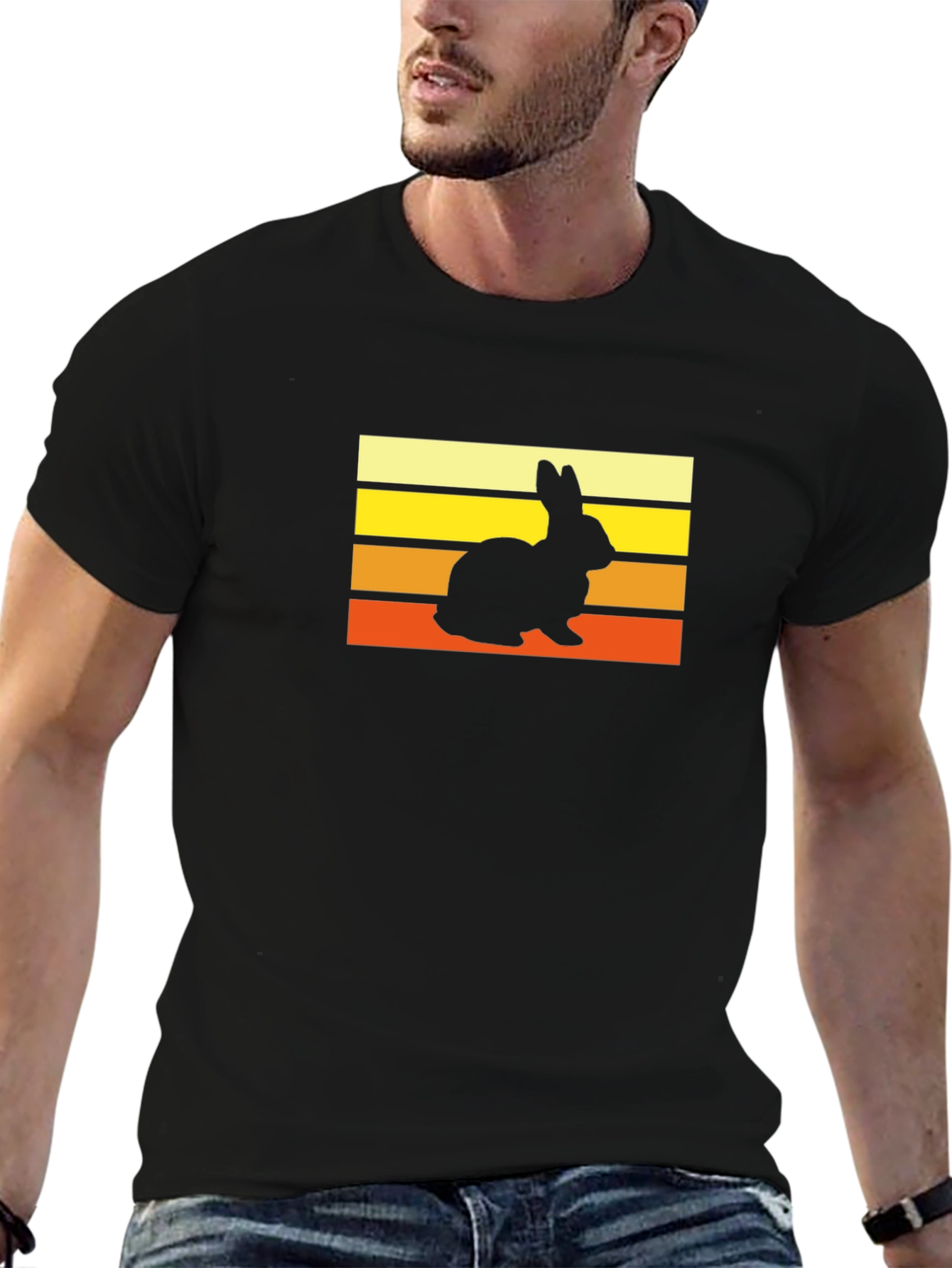 Retro Rabbit Sunset T-Shirt - Black Cotton Tee