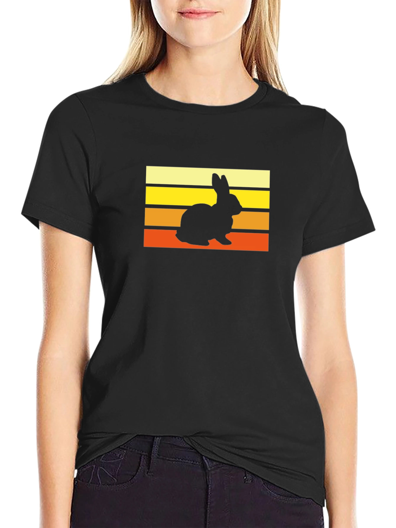 Retro Rabbit Sunset T-Shirt - Black Cotton Tee