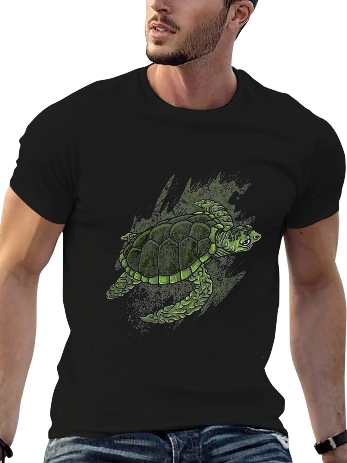 Green Turtle Graphic Print Black T-Shirt