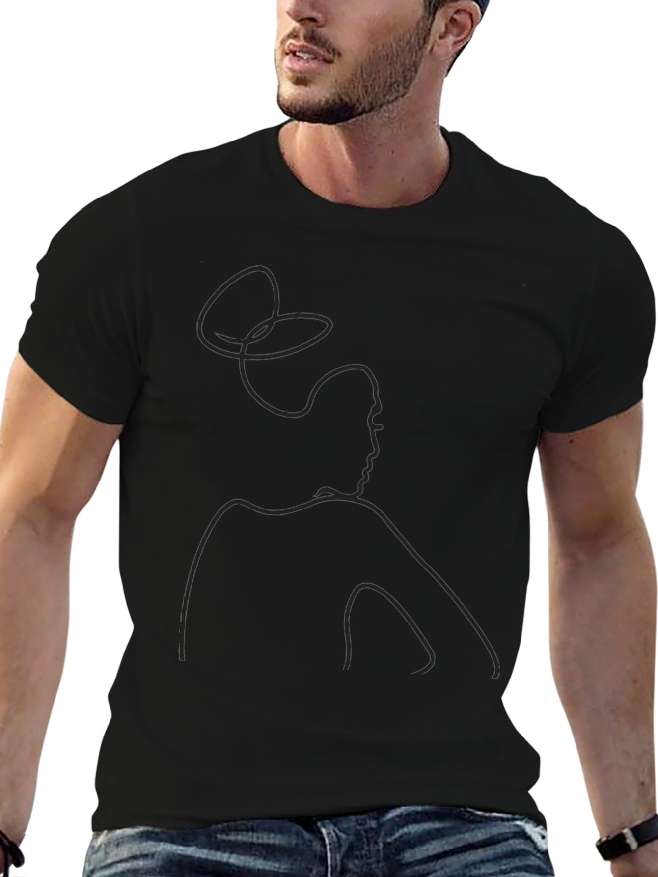 Minimalist Woman Line Art Black T-Shirt