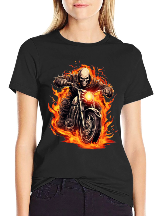 Fiery Rider Graphic Tee - Skull on Motorcycle T-Shirt