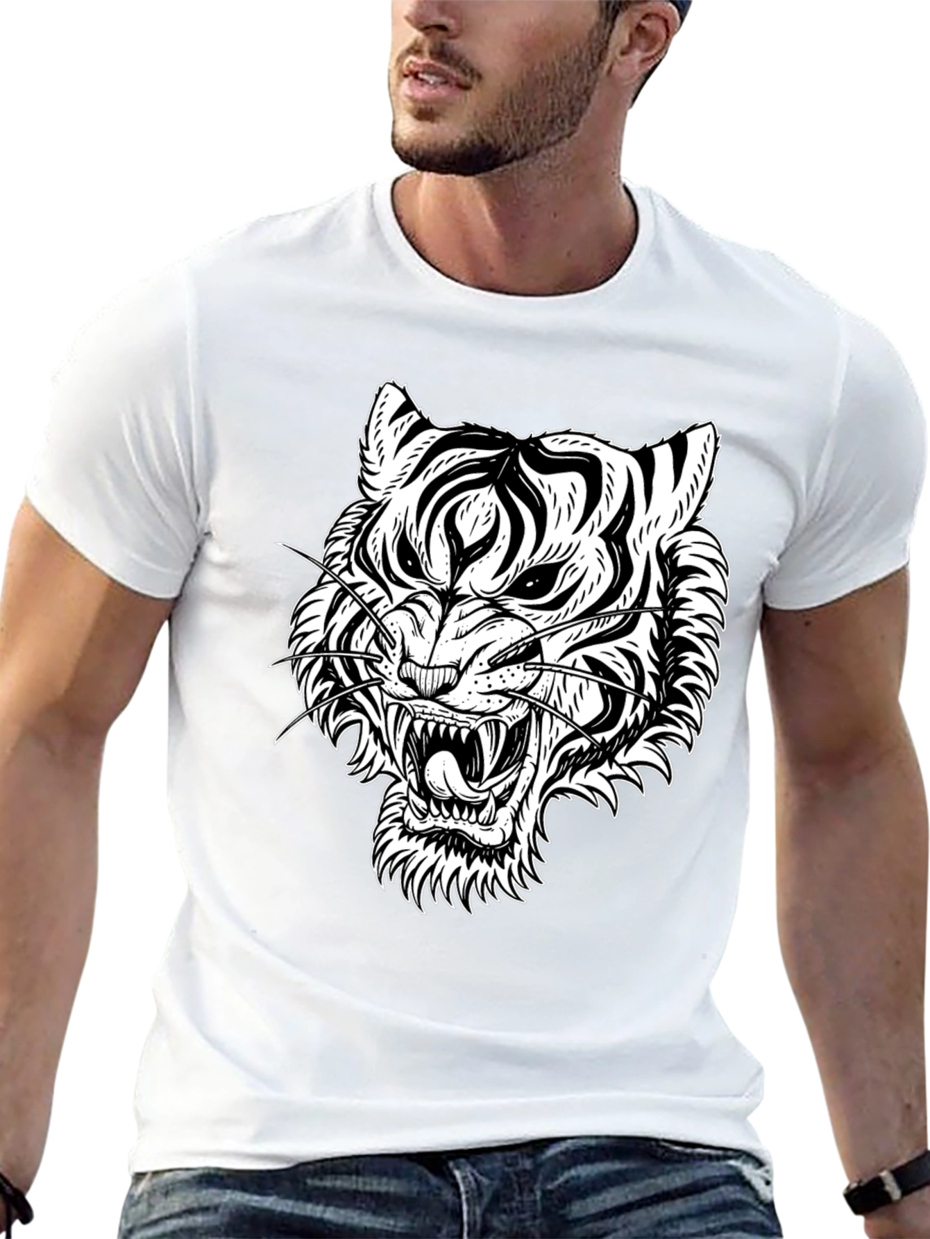Bold Tiger Graphic Tee - Black Cotton T-Shirt