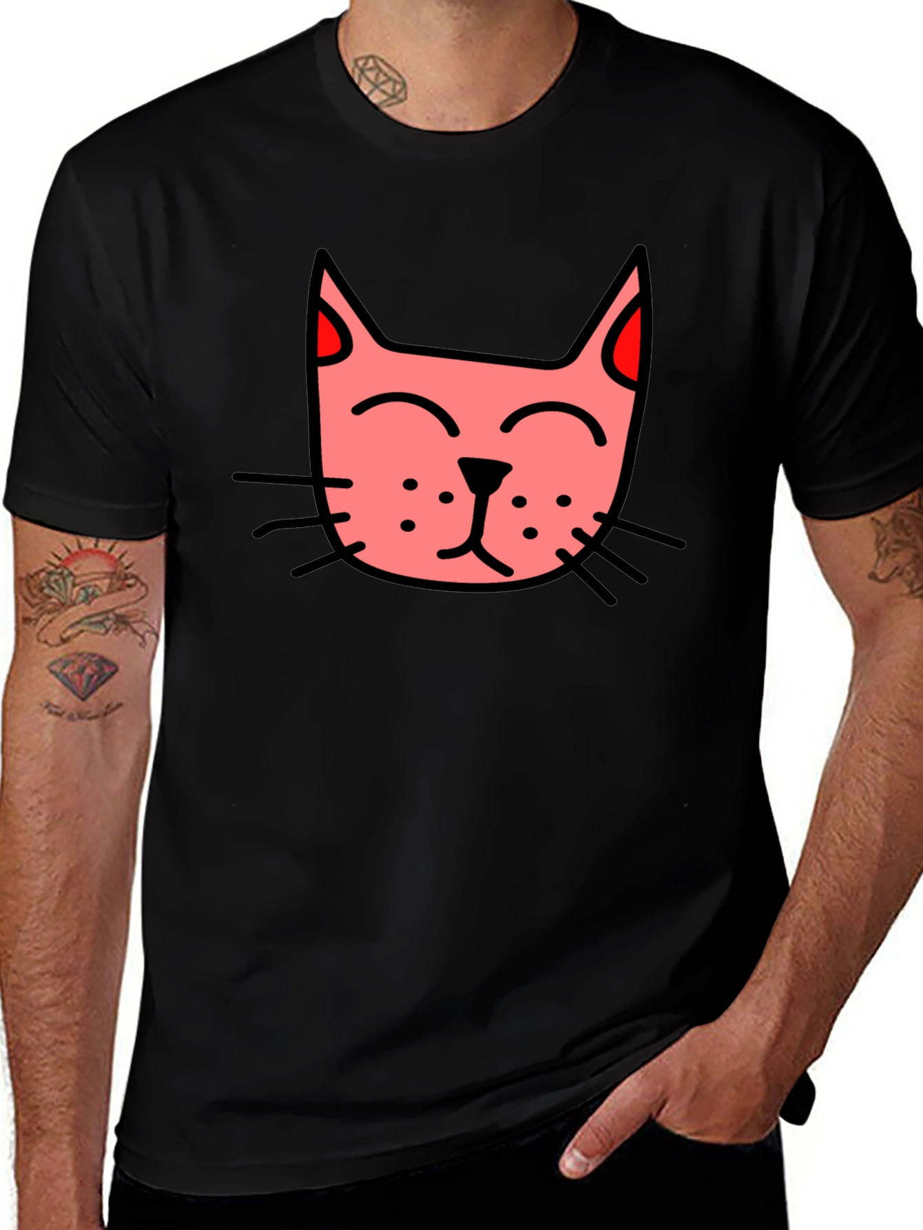 Mens Black T-Shirt with Pink Cat Graphic