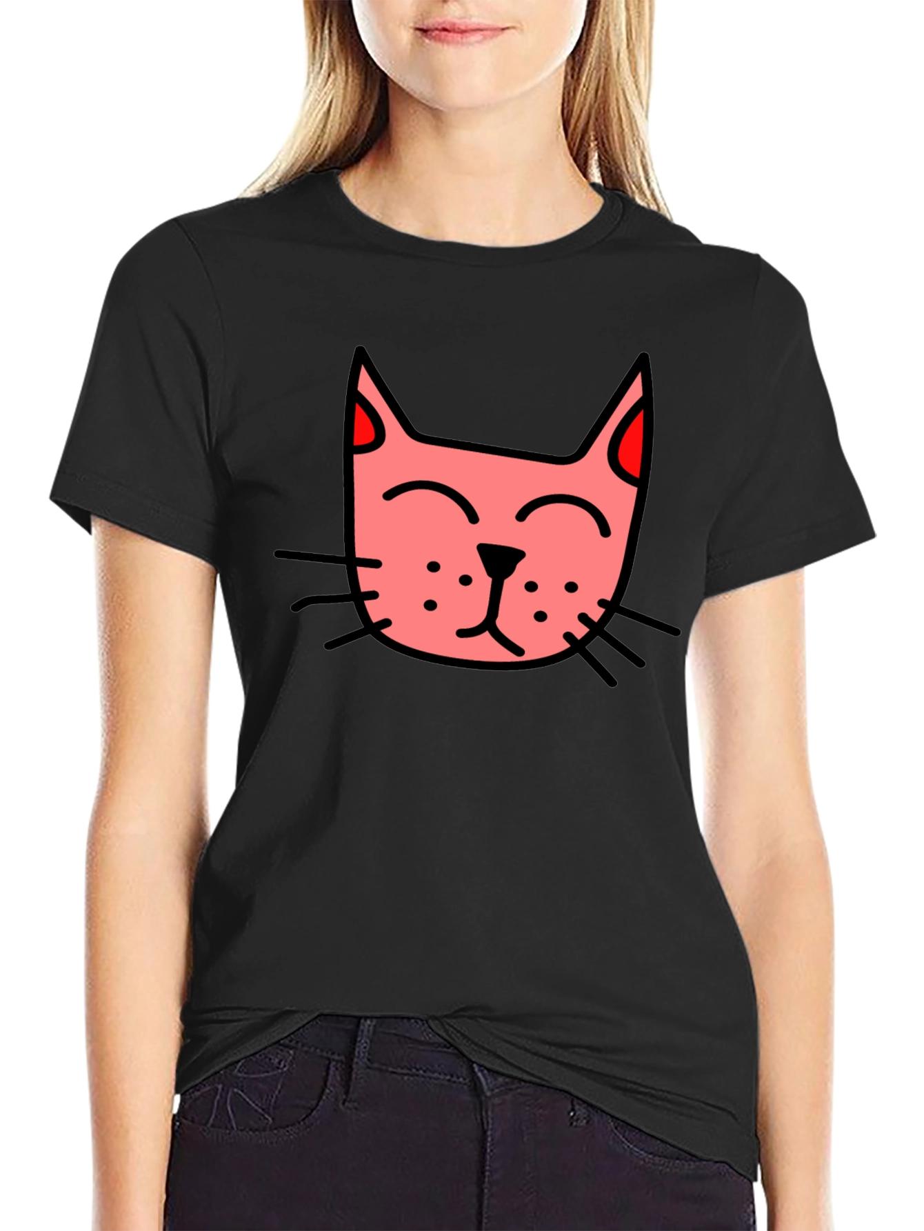 Mens Black T-Shirt with Pink Cat Graphic