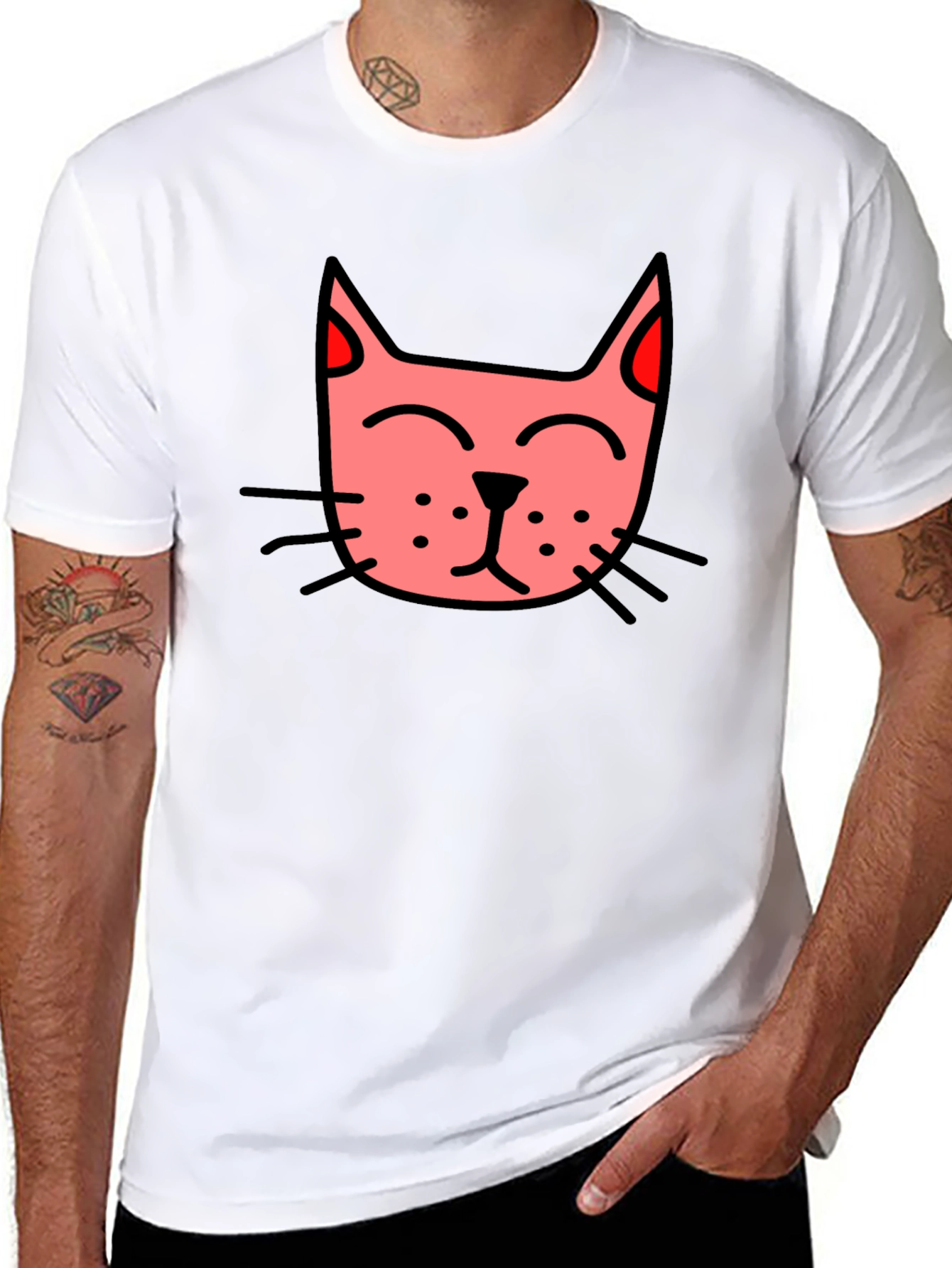 Mens Black T-Shirt with Pink Cat Graphic